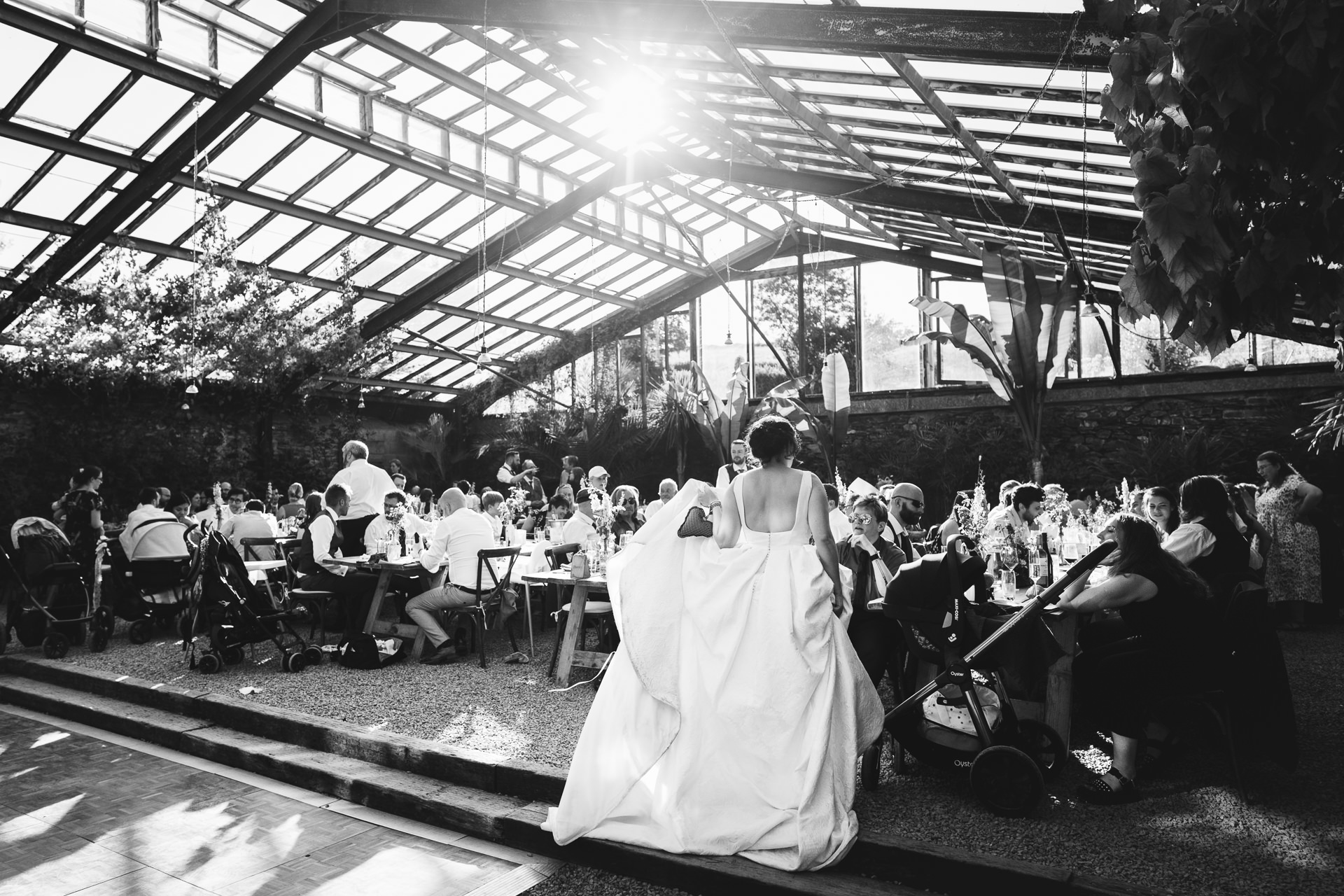 A bride in a white wedding dress with a voluminous skirt chatting to wedding guests in a glasshouse at Anran in Devon