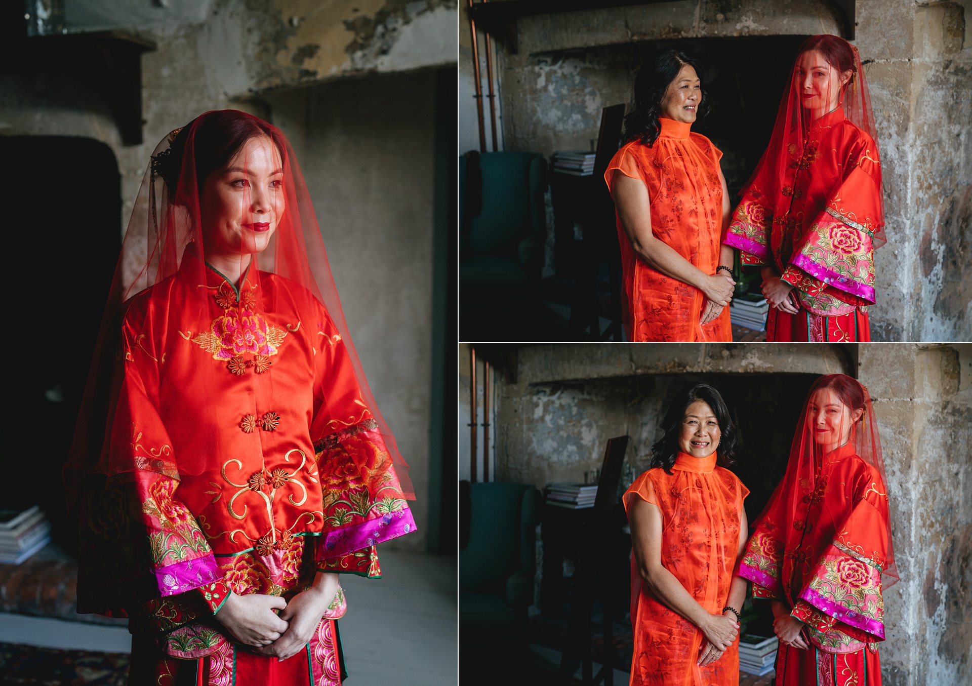 A bride dressed ready for a Chinese tea ceremony at Durslade farmhouse, with her mother. 