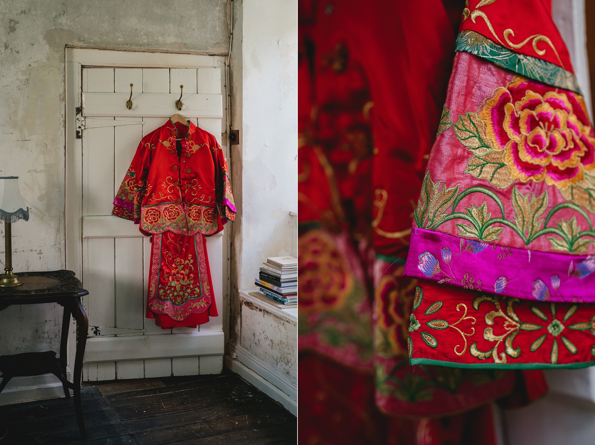 A beautiful red embroidered Kua hanging on the back of a door in Durslade Farmhouse