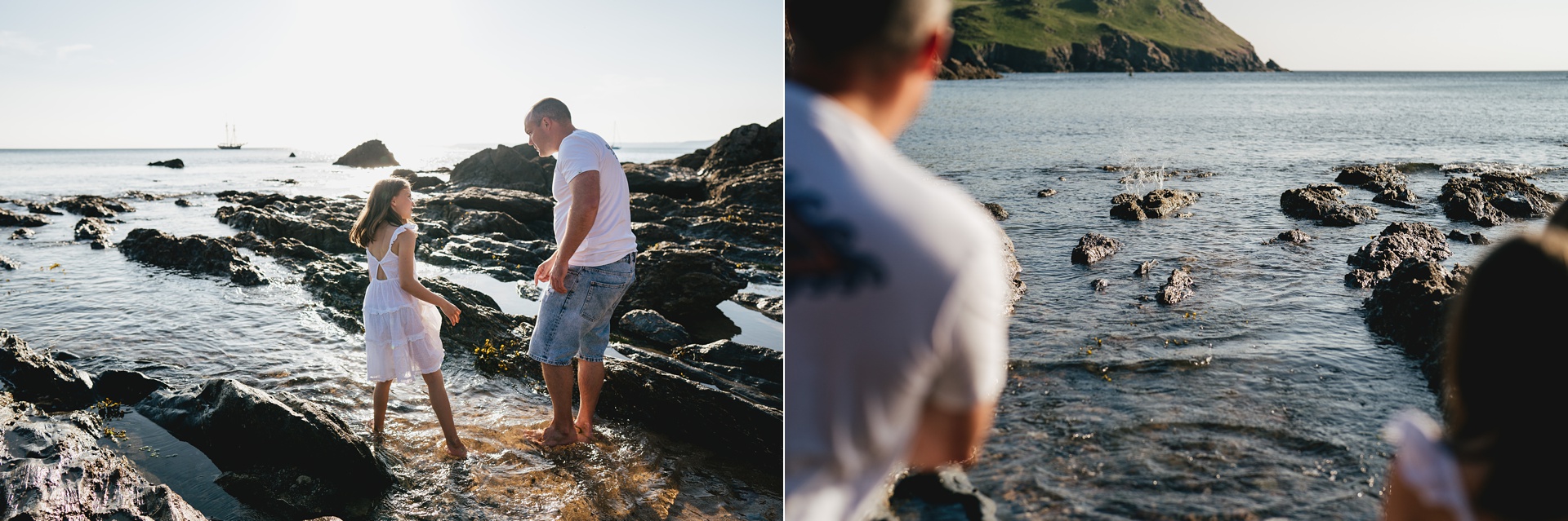 A father and daughter skimming stones into the sea during a photo session at the beach
