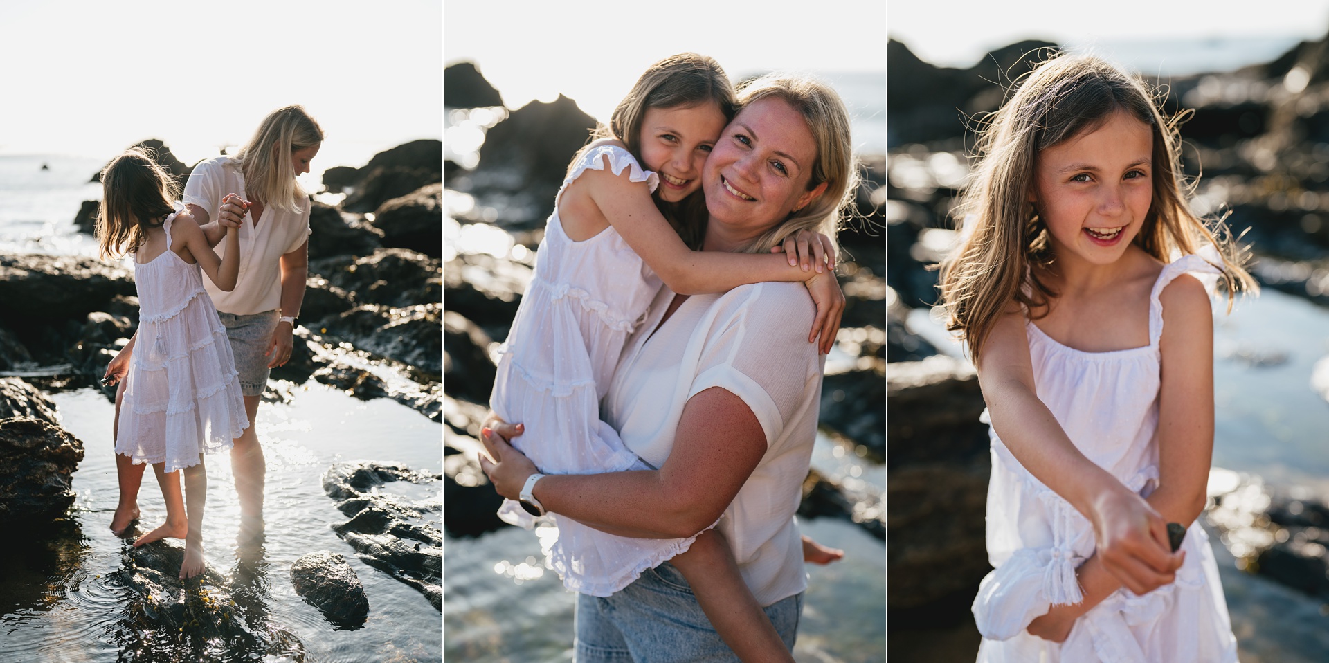 Mother and daughter cuddling and exploring the beach for some family photos