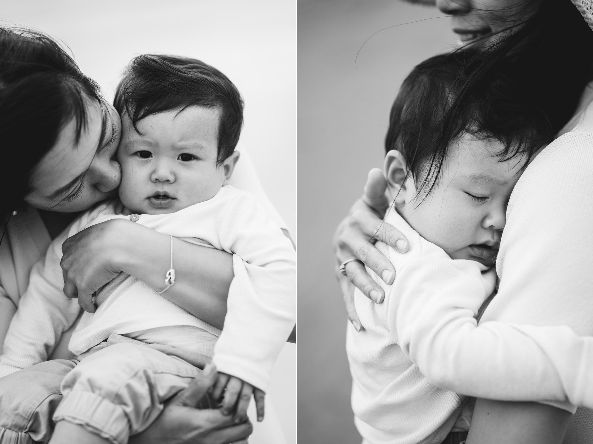 Black & white images of a mother cuddling a baby boy during a family photography session in North Devon