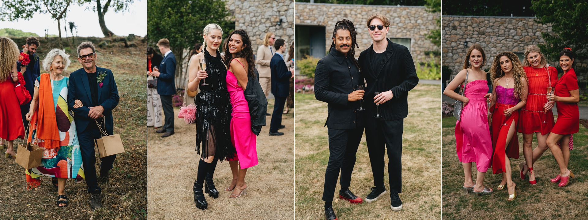Wedding guests posing in stylish and unusual outfits