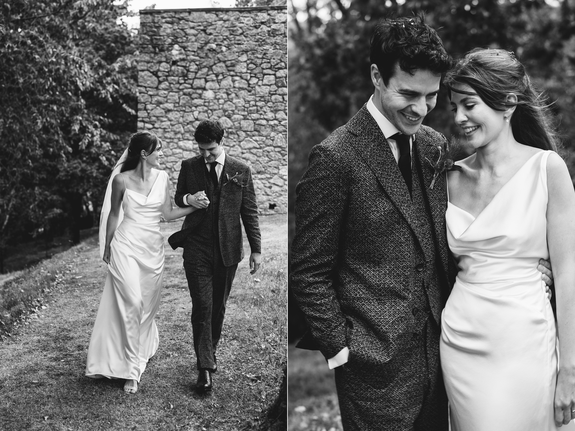 A bride in Vivienne Westwood and groom in a bespoke Casely Hayford suit walking hand in hand and smiling