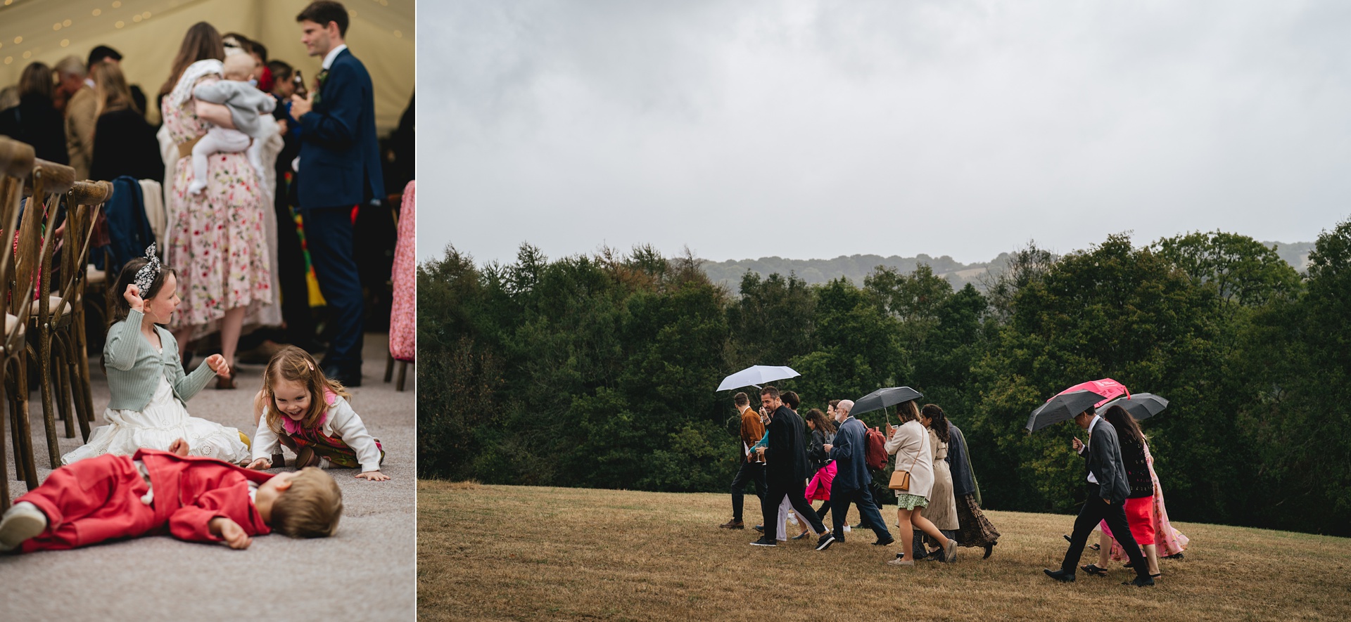 Stylish wedding guests walking over a Dartmoor field in the rain