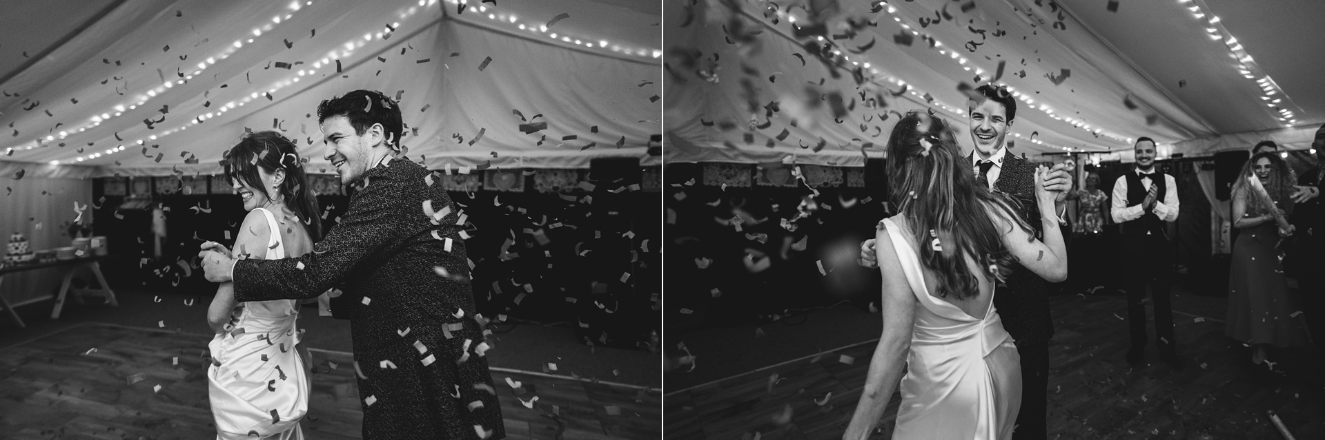 A stylish bride and groom having their first dance in a marquee
