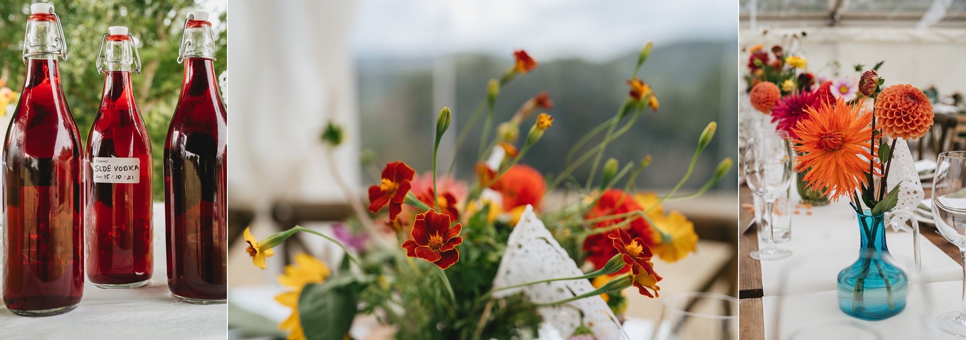 Colourful flowers decorating a marquee for a wedding reception