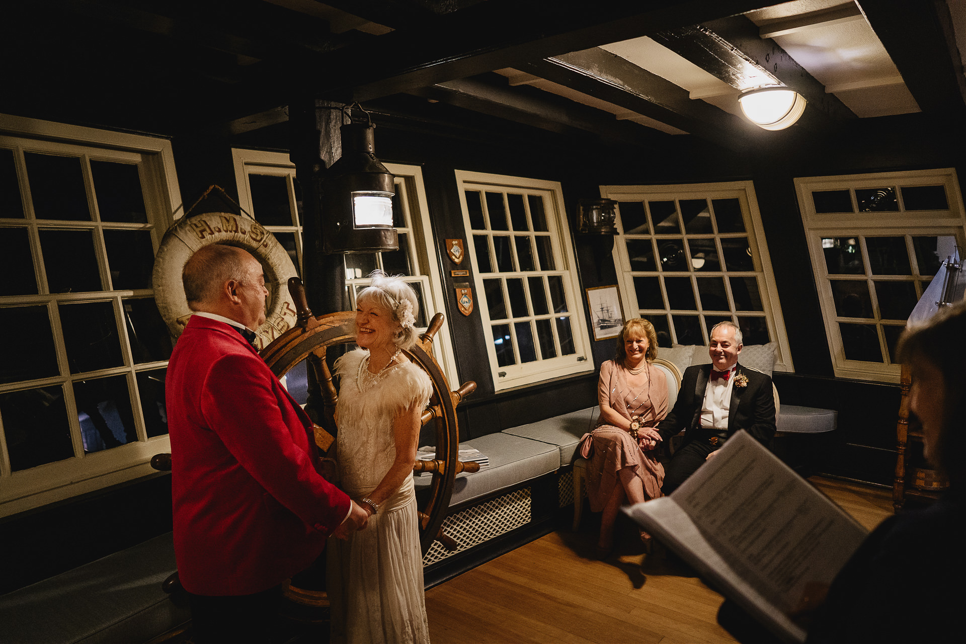 A winter wedding ceremony in the Captain's Cabin at Burgh Island Devon