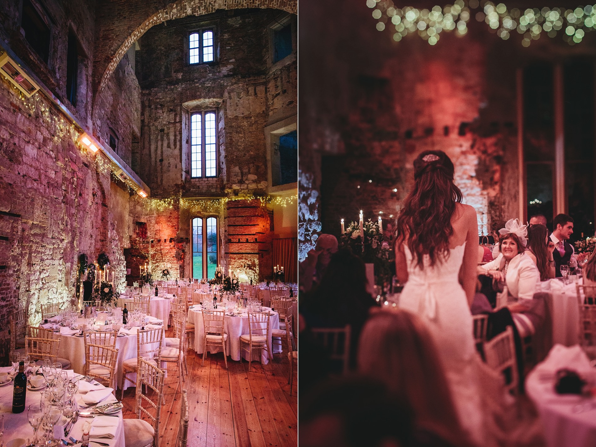 Lulworth Castle decorated for a winter wedding, with candles, fairy lights and pink lighting