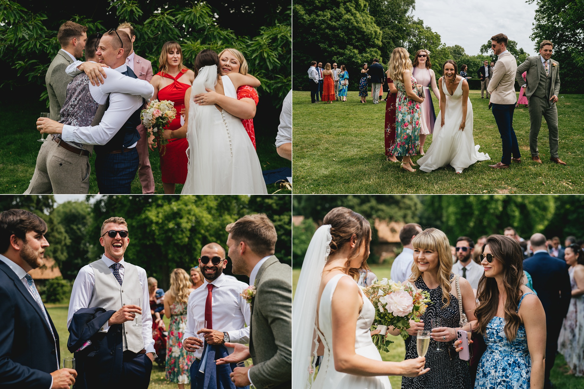Candid shots of wedding guests hugging and congratulating a couple in a garden setting