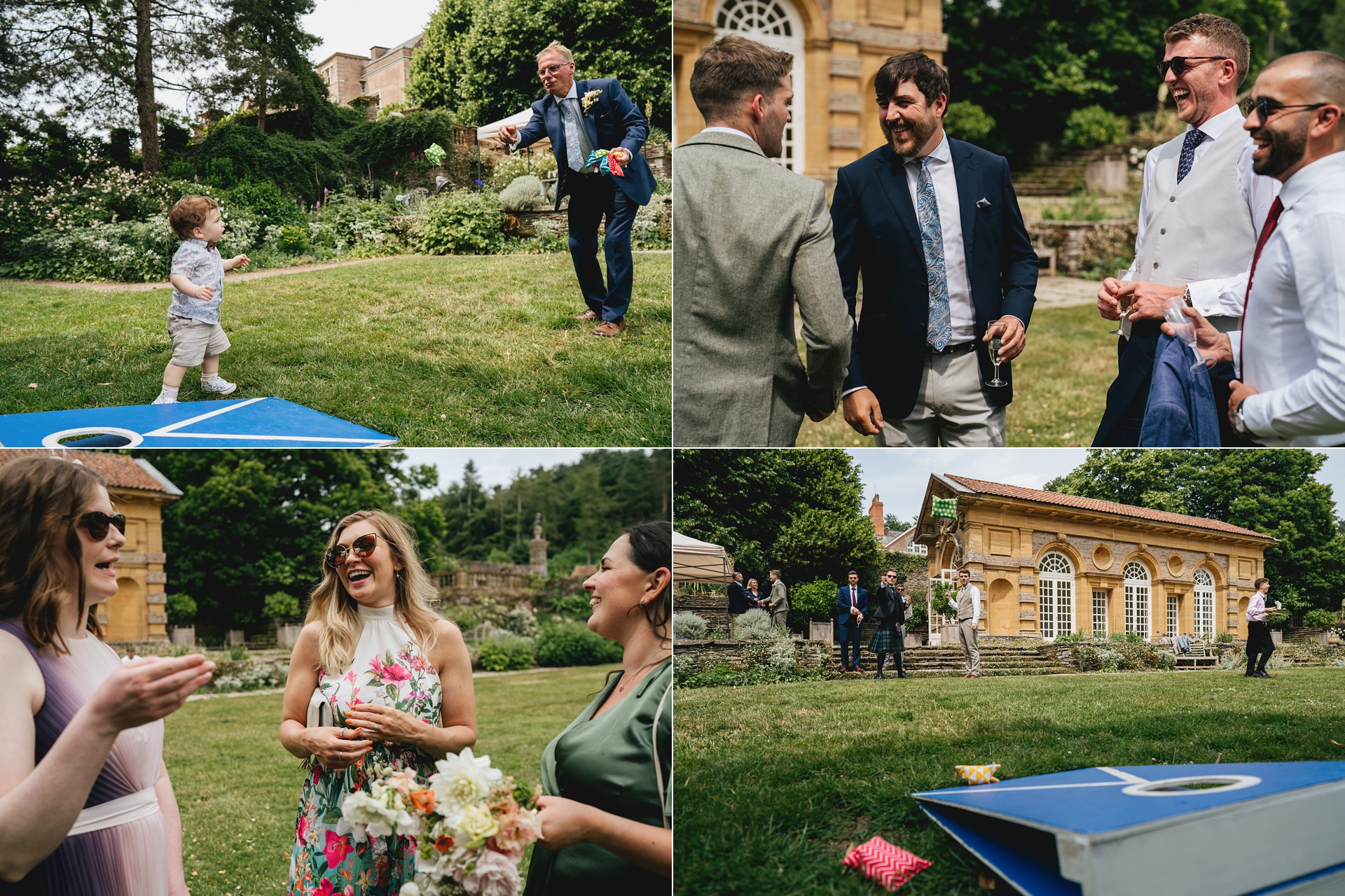 Wedding guests enjoying a fun drinks reception at Hestercombe Gardens