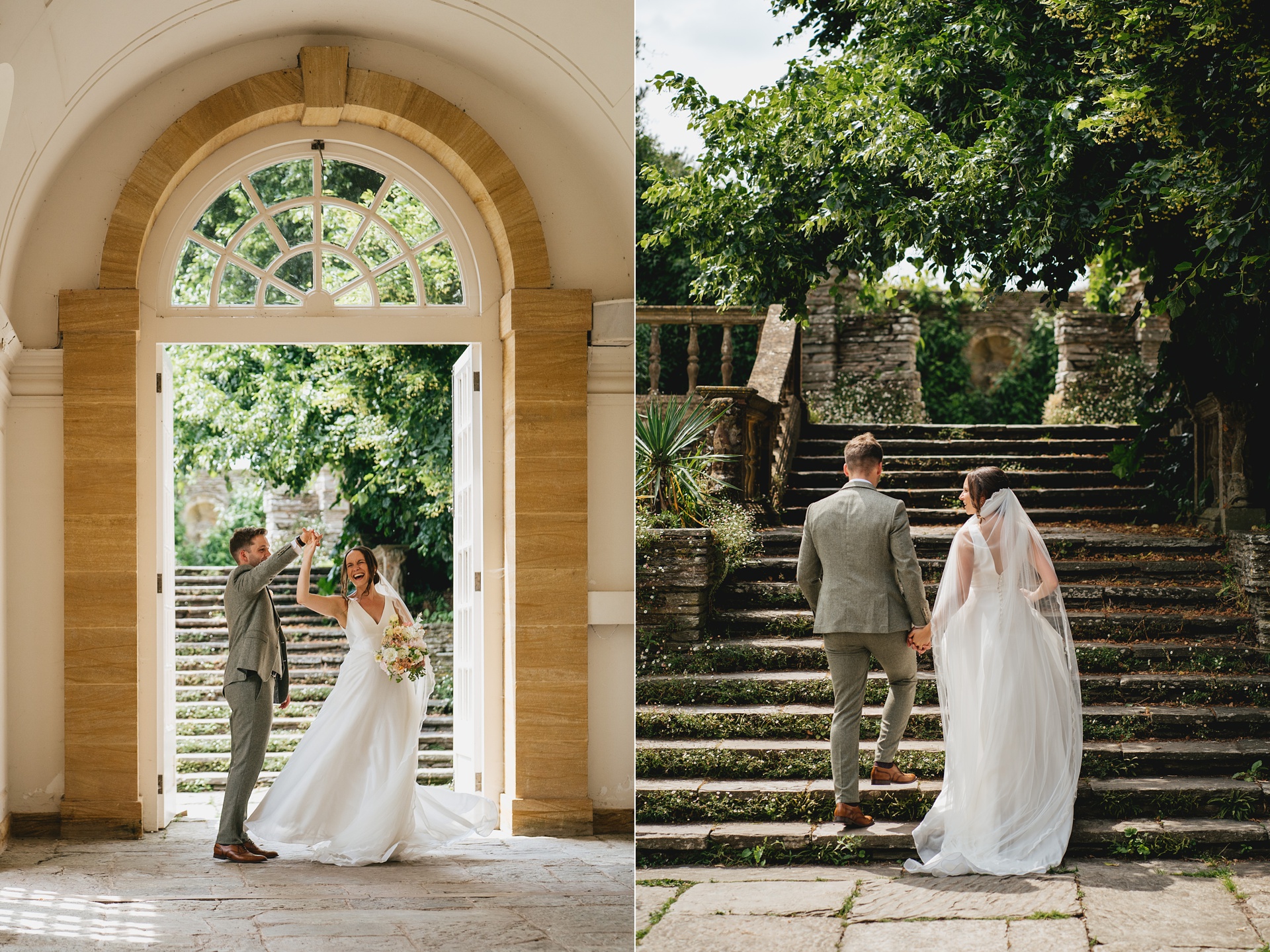 A bride and groom in the orangery and walking up stone steps at Hestercombe