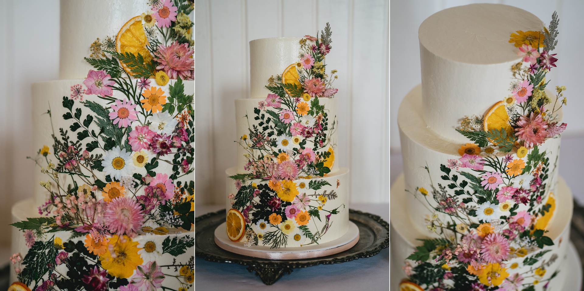 An incredible wedding cake decorated with edible flowers
