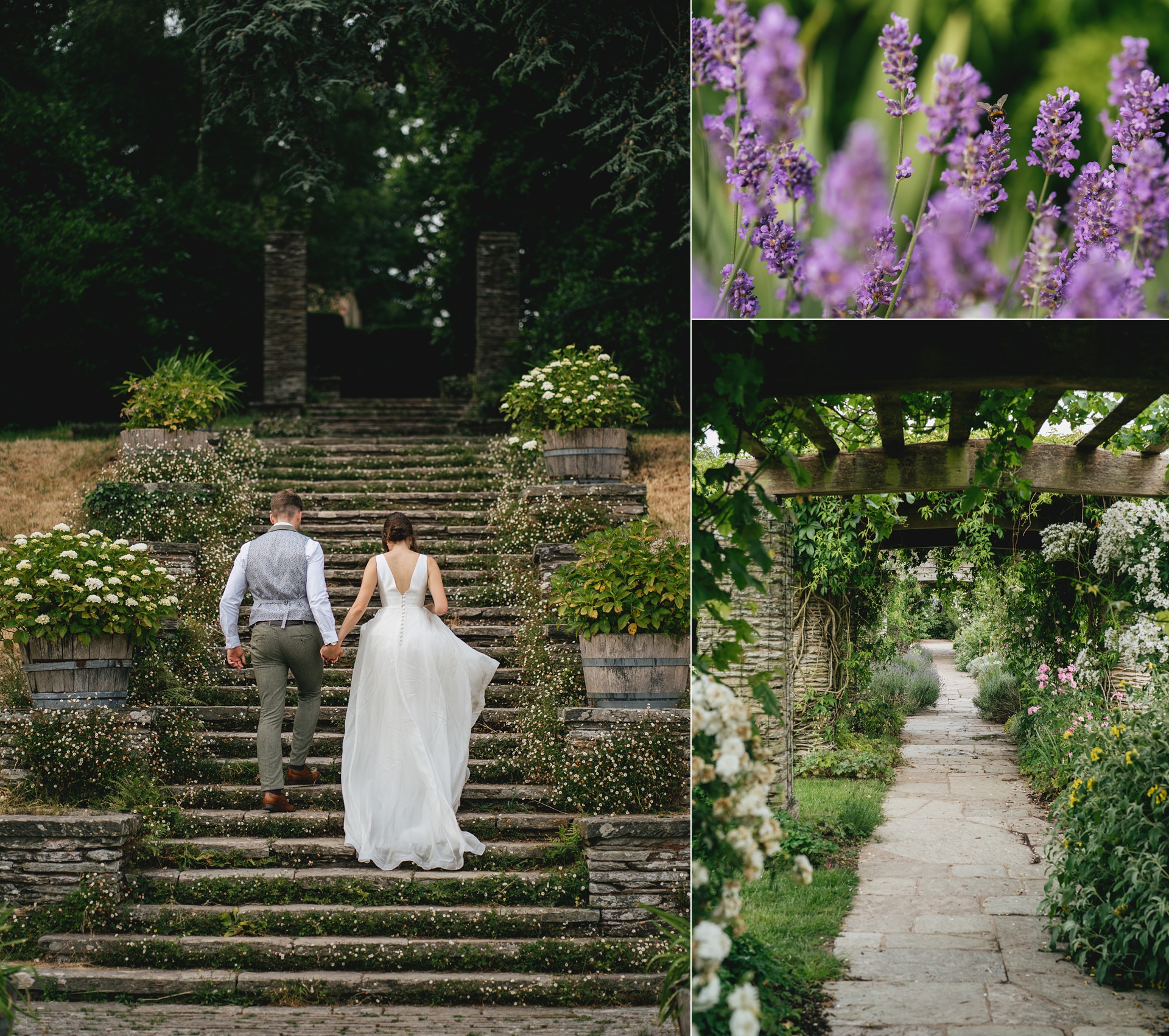 A bride and groom walking up stone steps at Hestercombe Gardens
