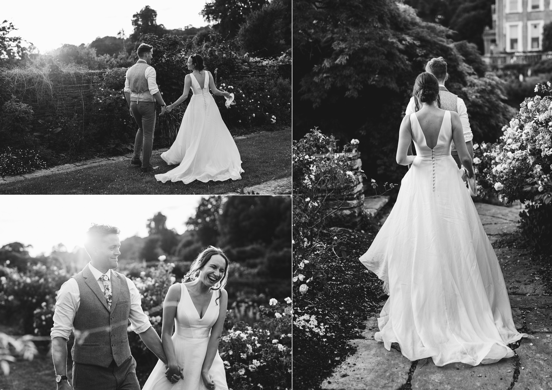 A couple in beautiful evening sunlight, walking through Hestercombe Gardens on their wedding day and laughing together