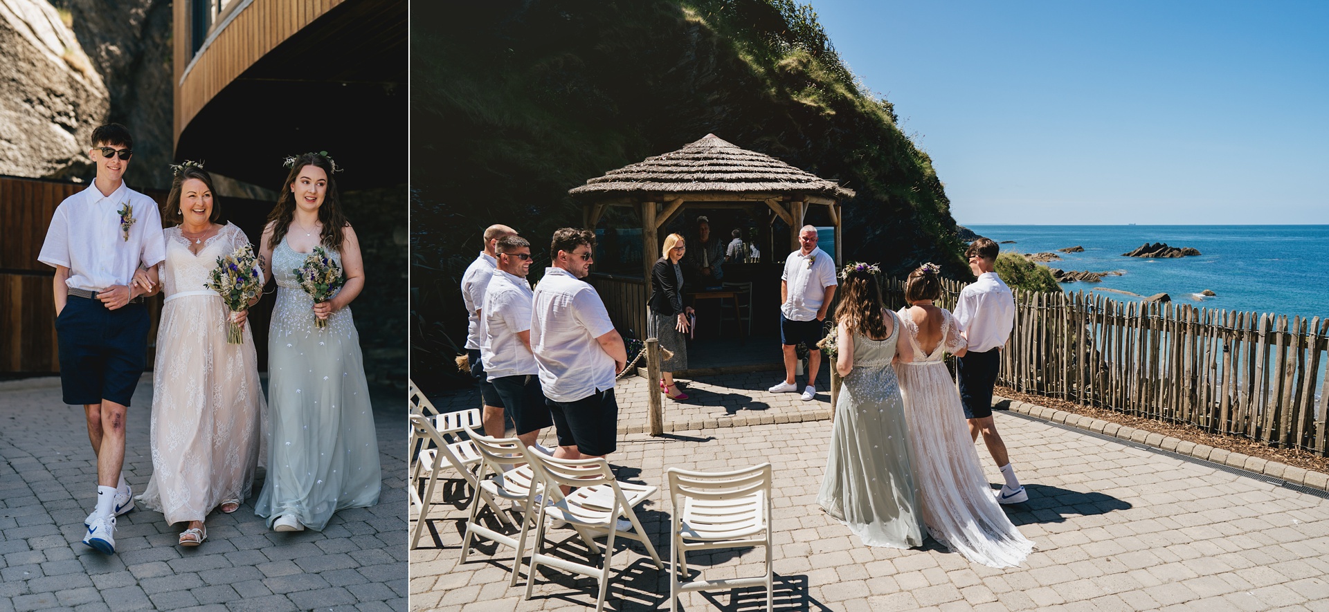 A bride walking in to her wedding ceremony at Tunnels Beaches with her two adult children escorting her