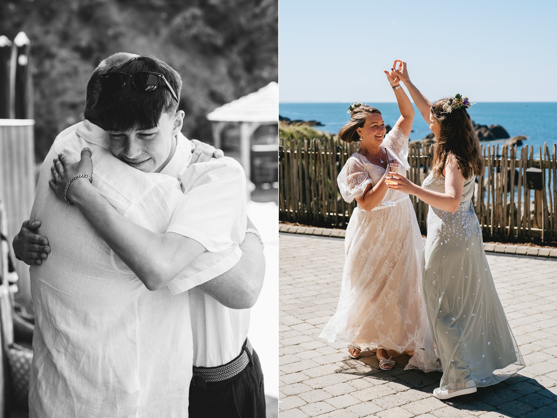 A son hugging his father and mother dancing with her daughter in front of the sea on their wedding day