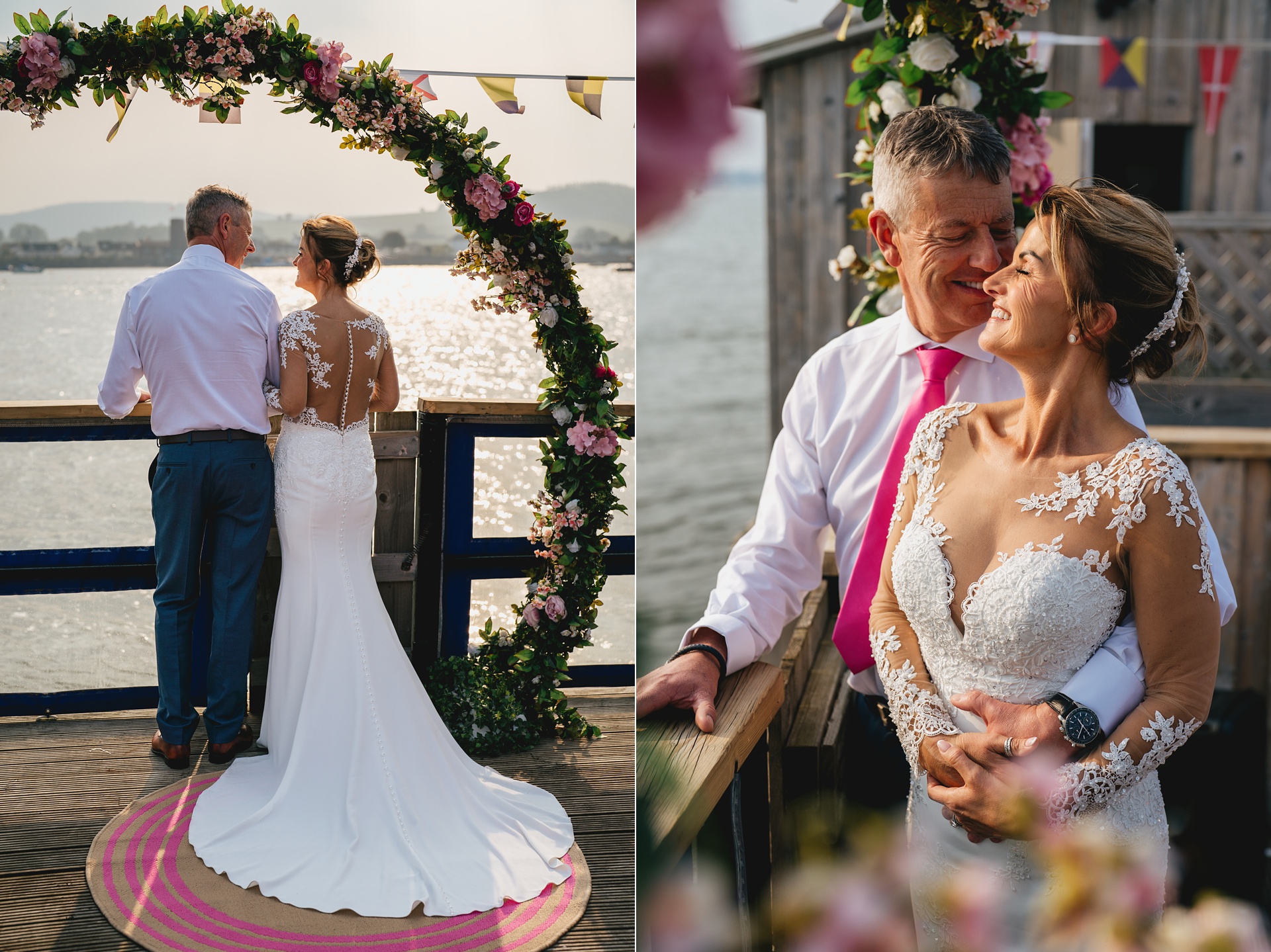 A bride and groom watching the sun set together on their wedding day on the River Exe Cafe