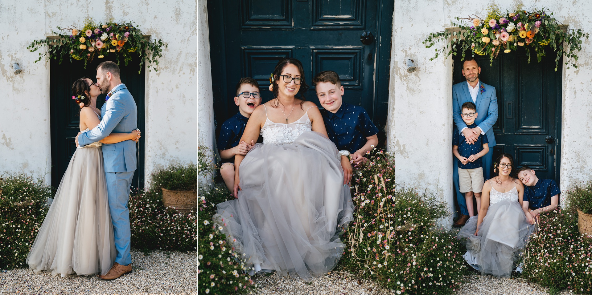 Bride and groom with their family at River Cottage