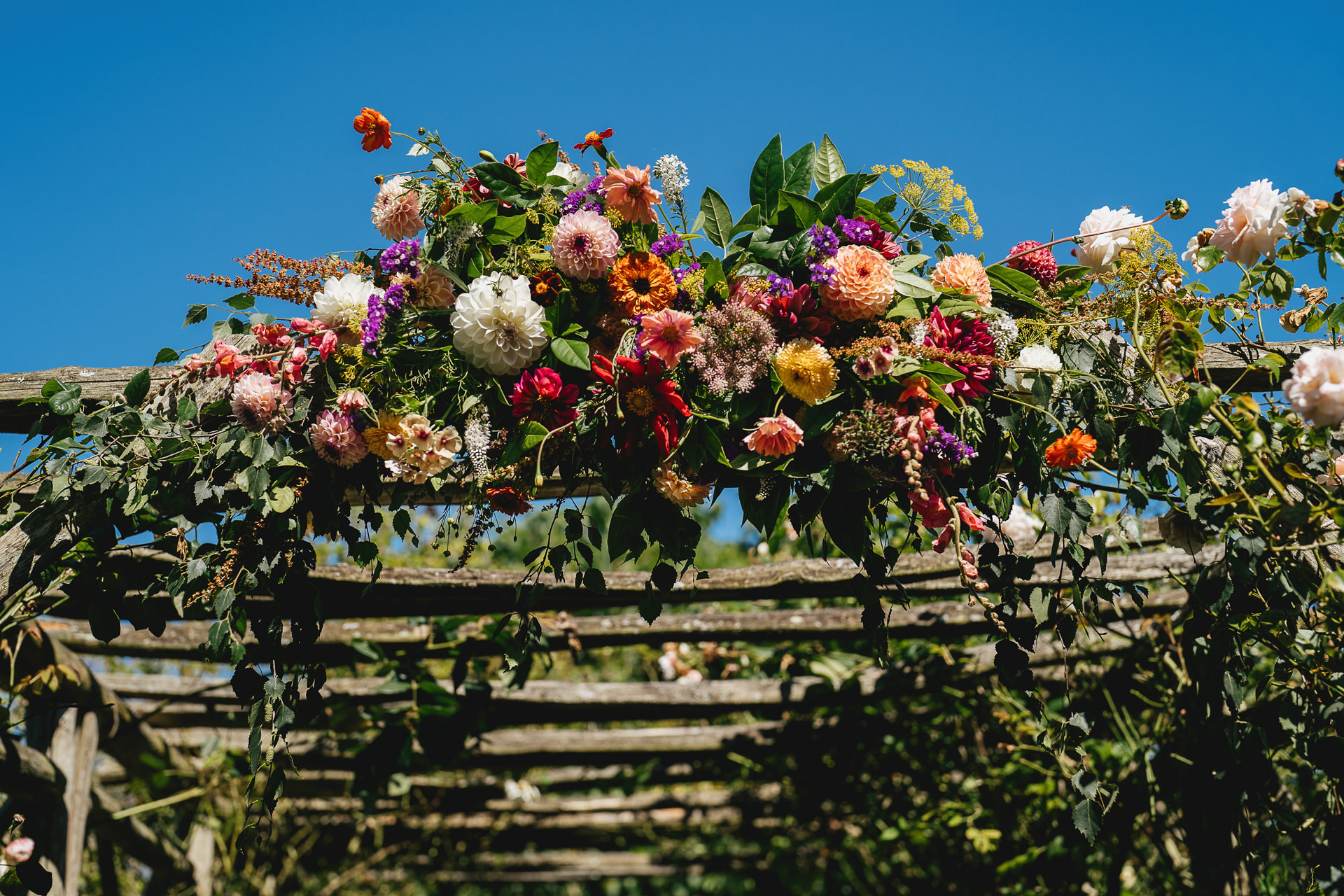 Floral decoration in the kitchen garden by Meadowsweet Florist at River Cottage