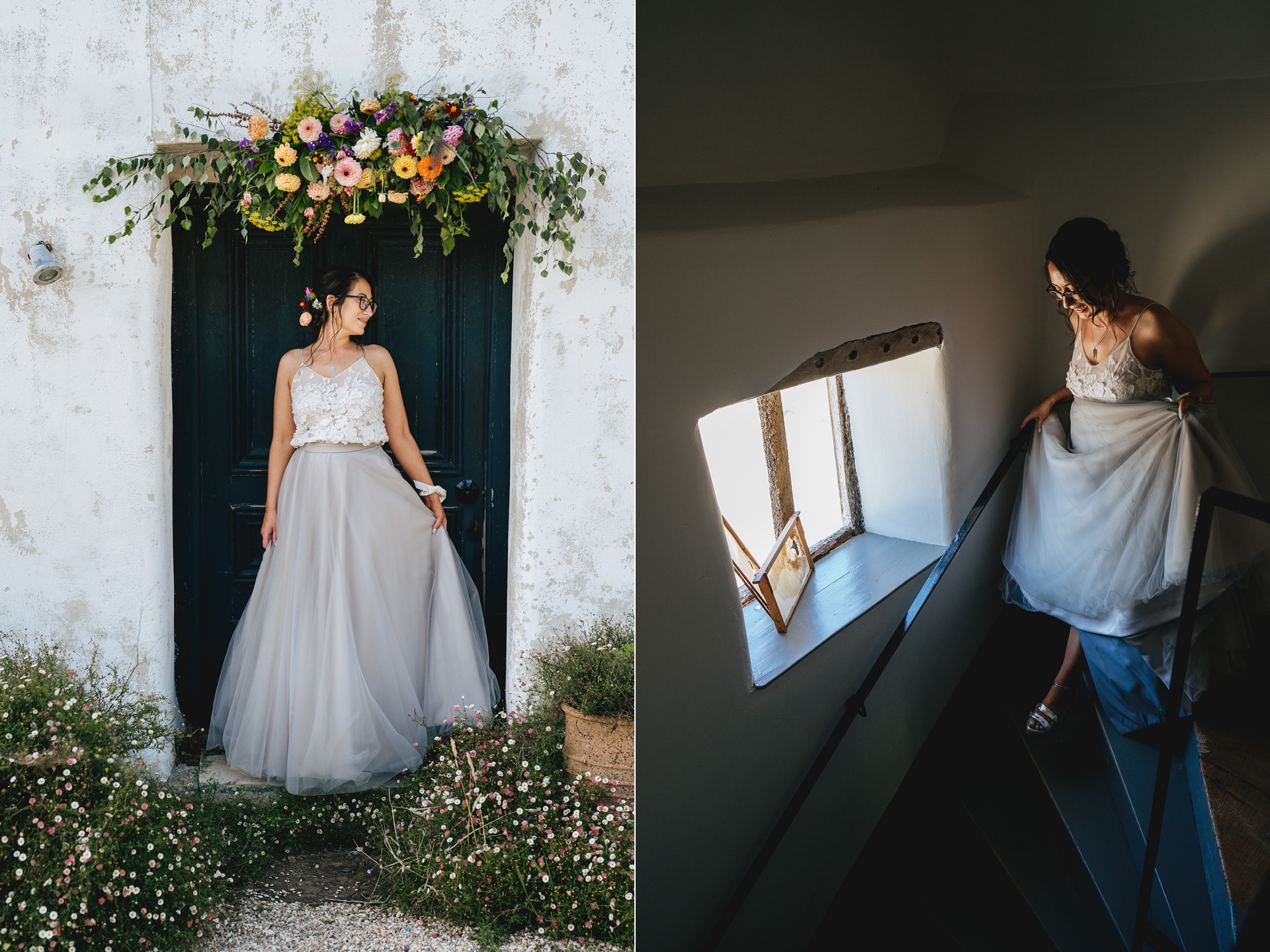 A bride in stylish bridal separates with a white floral vest and long grey skirt by the farmhouse door at River Cottage