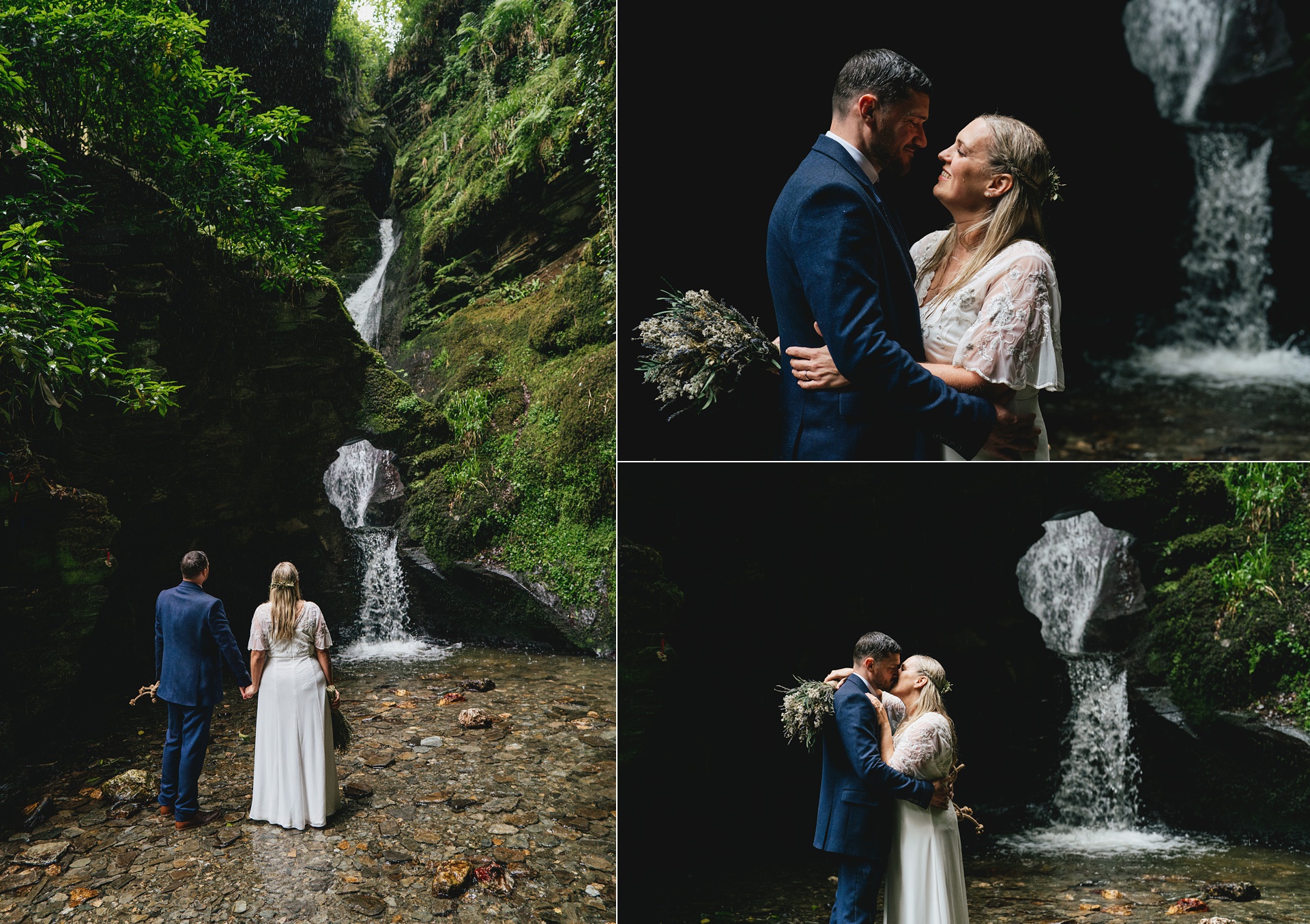 A bride and groom standing looking at St Nectan's waterfall and kissing in front of it