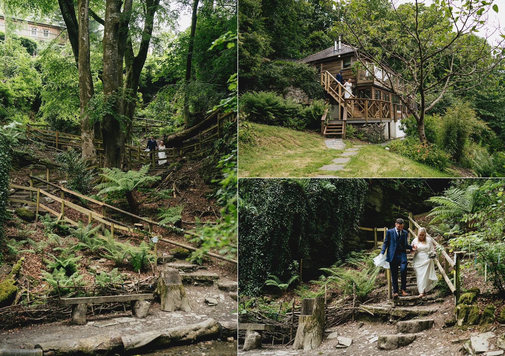 A bride and groom walking down the long walkway into St Nectan's glen