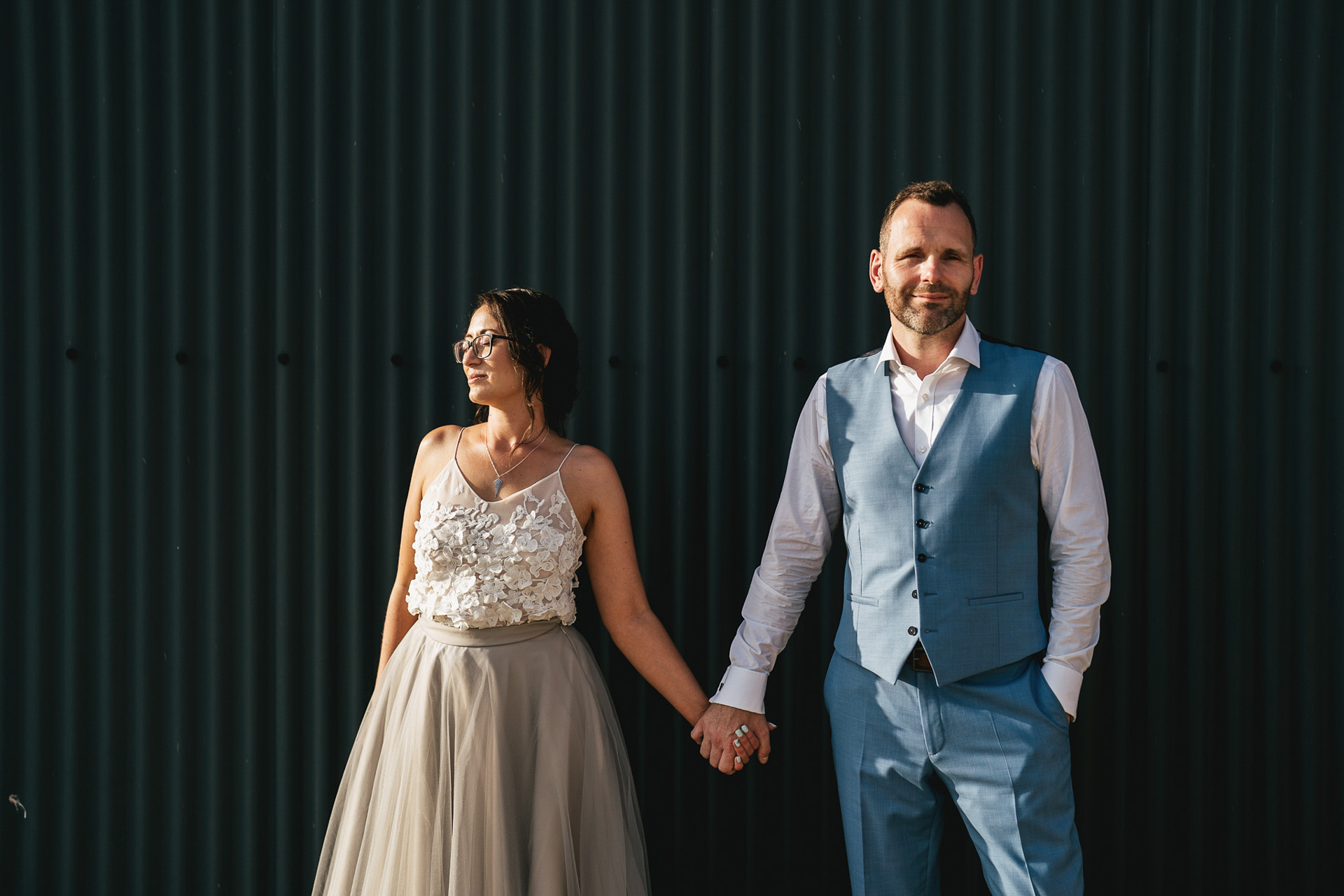 A wedding photograph of a bride and groom at River Cottage in Devon