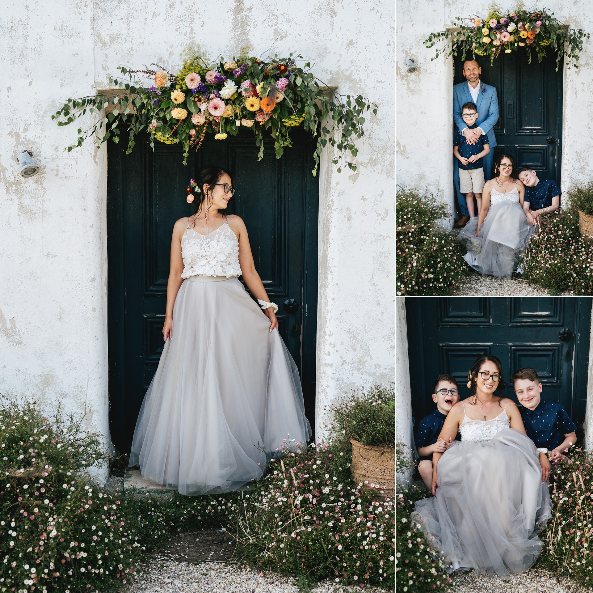 A bride in stylish separates standing in the doorway at the River Cottage farmhouse