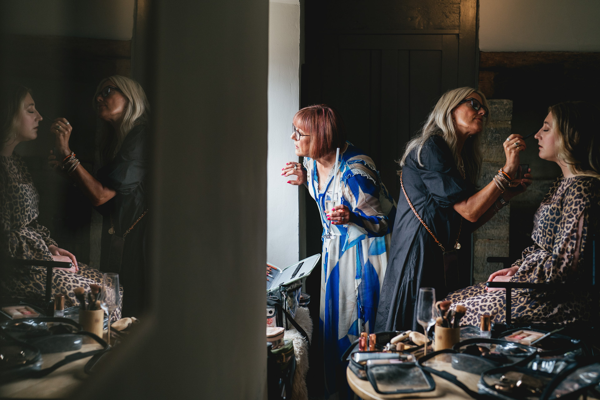 Wedding guests getting ready at River Cottage farmhouse in Devon