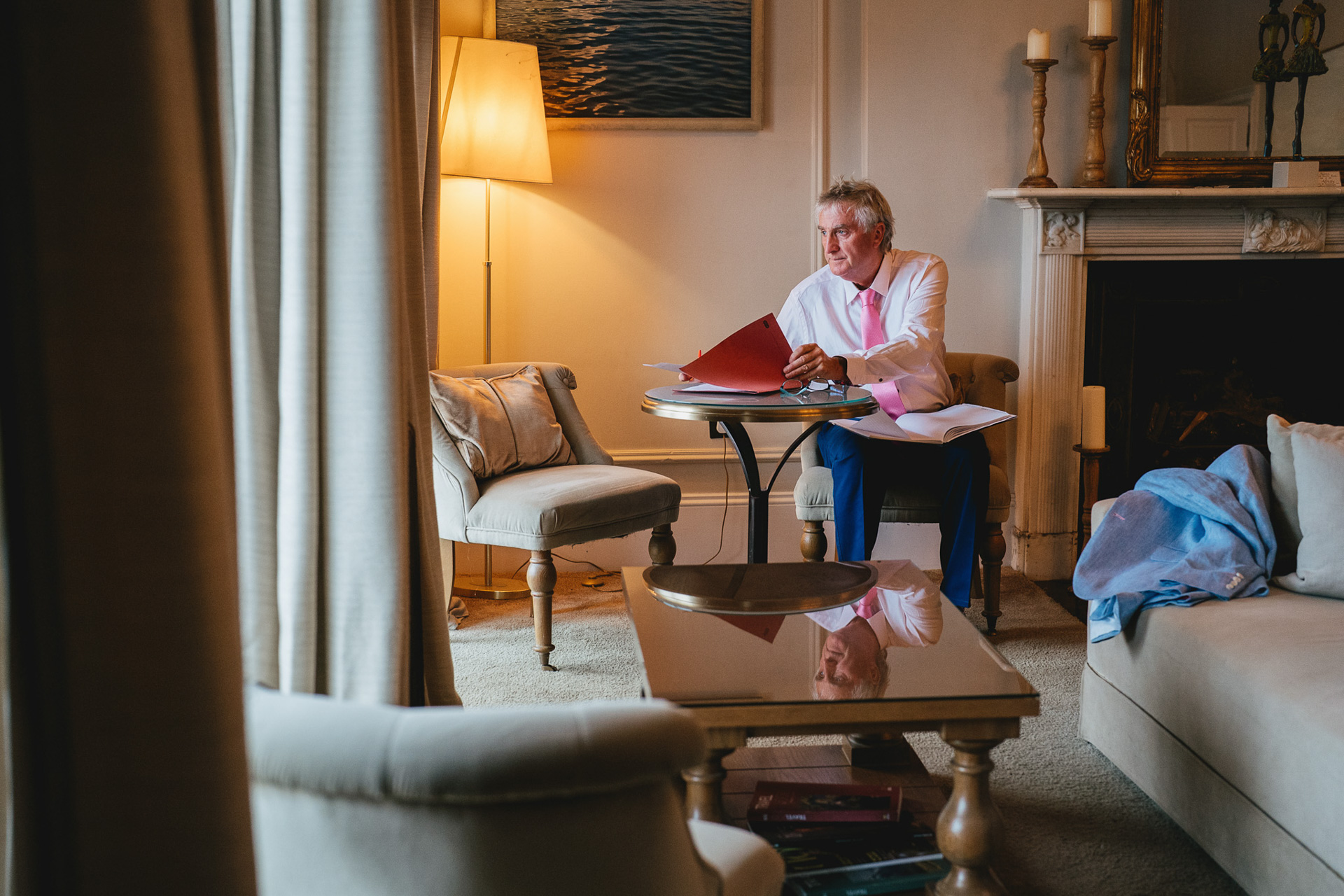 A groom preparing for his wedding day at Lympstone Manor in Devon