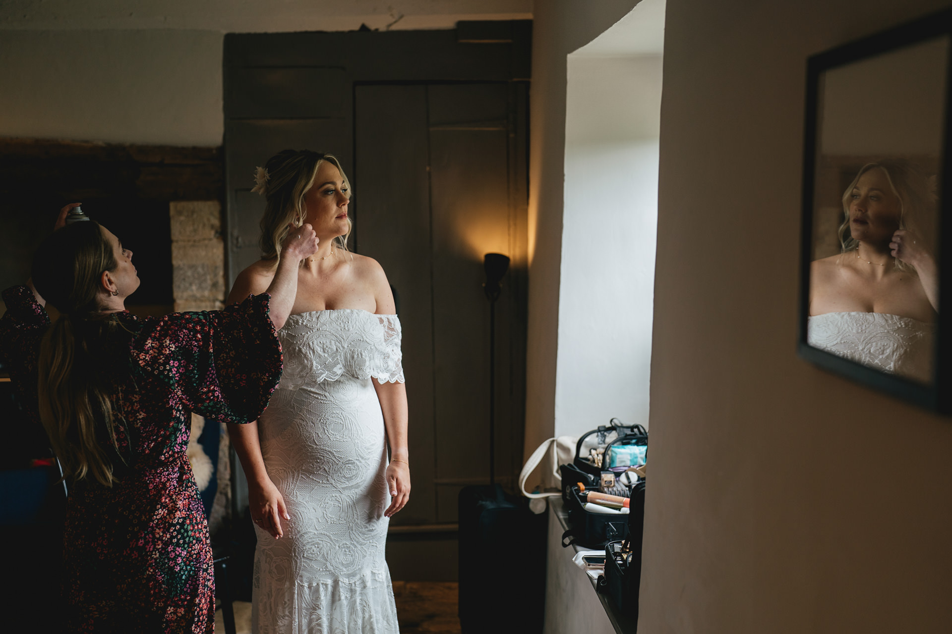 A bride to be getting ready for her River Cottage wedding in Devon