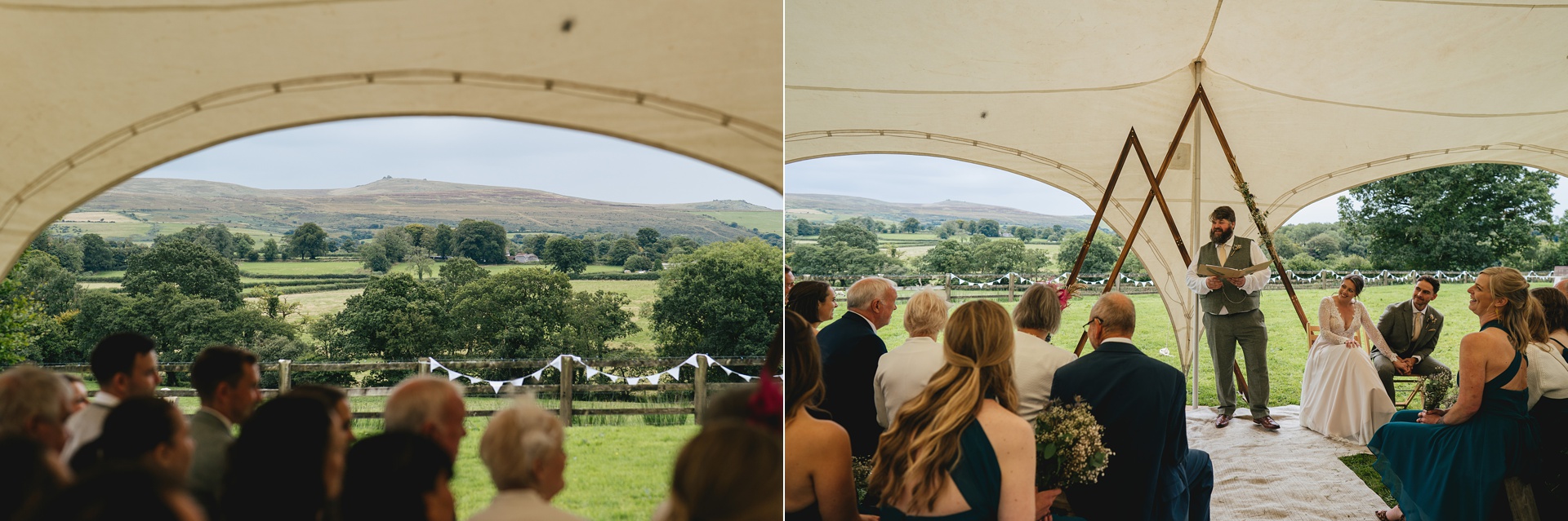 A hand fasting wedding ceremony in a stretch tent at a Dartmoor village hall