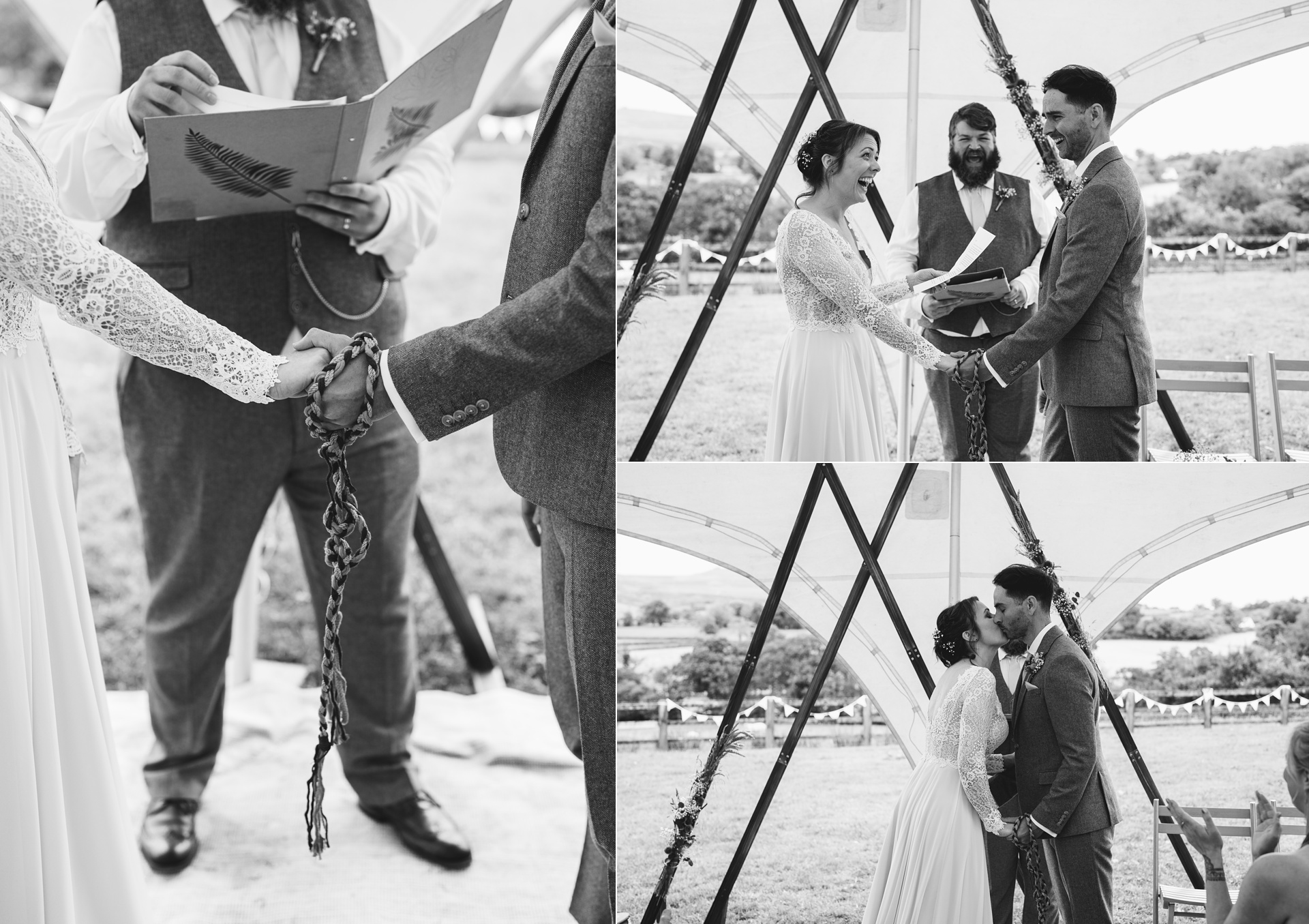 A hand fasting wedding ceremony in a stretch tent at a Dartmoor village hall