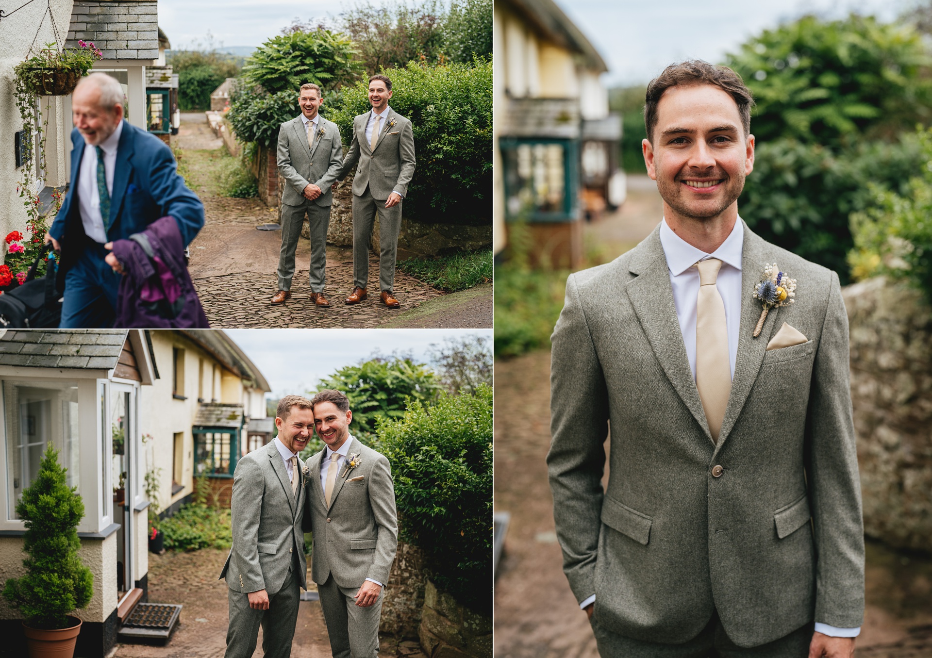 A groom and best man dressed ready for a wedding standing outside a Devon cottage