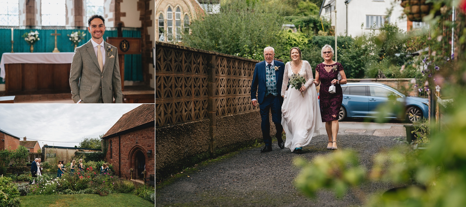 A bride with her parents walking towards St Lawrence Chapel for a wedding ceremony