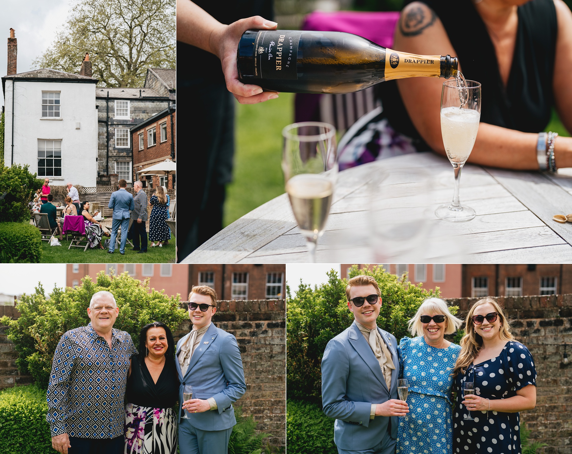 A small family group of wedding guests enjoying champagne together in the garden of Rendezvous Wine Bar in Exeter