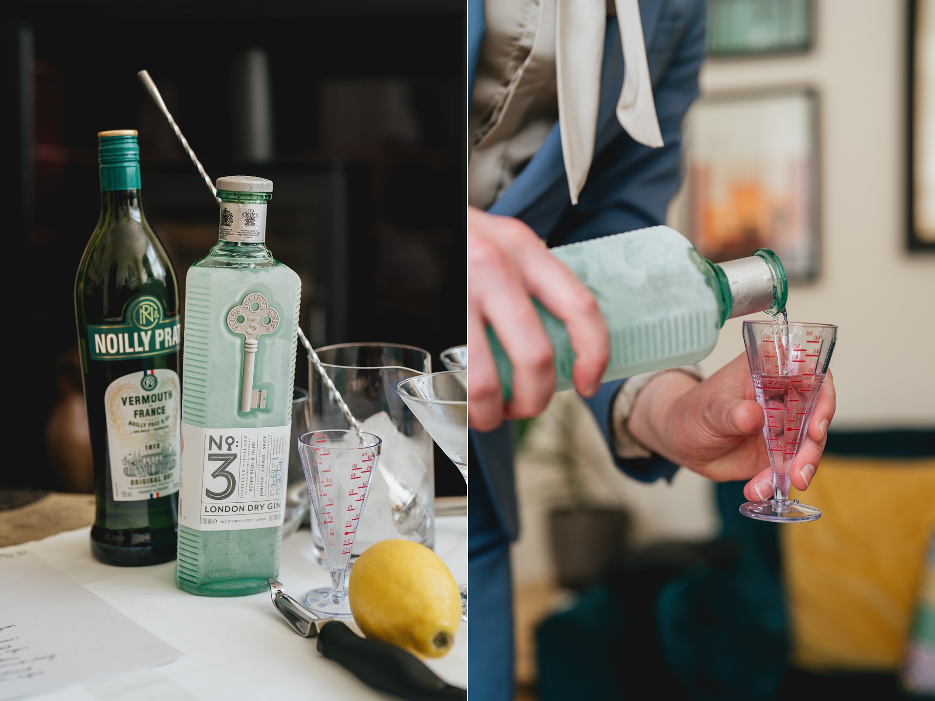 Cocktail ingredients laid out beautifully, and a man's hands pouring a martini
