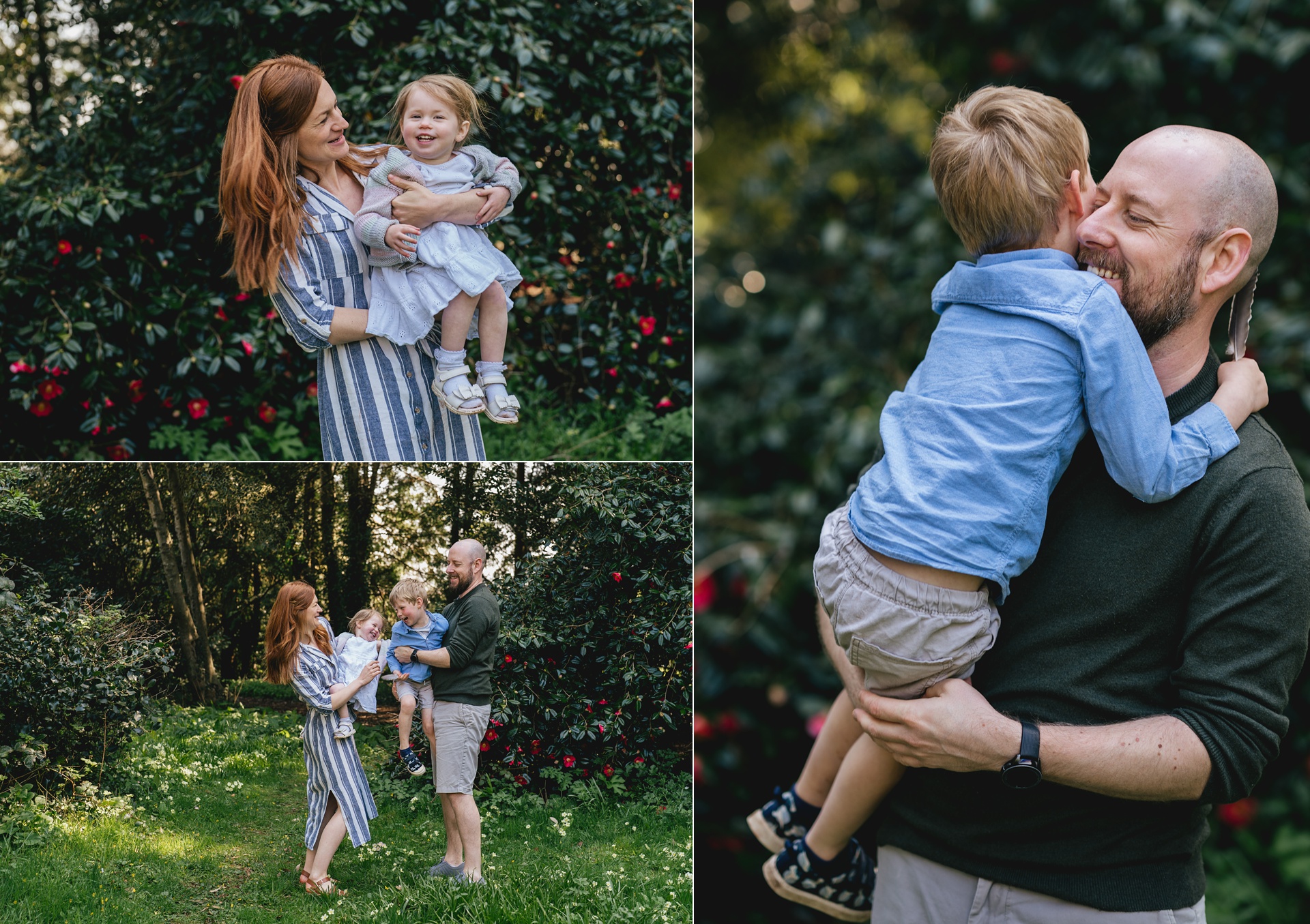 A mum and dad playing with their children during a photography session at an arboretum near Exeter in Devon
