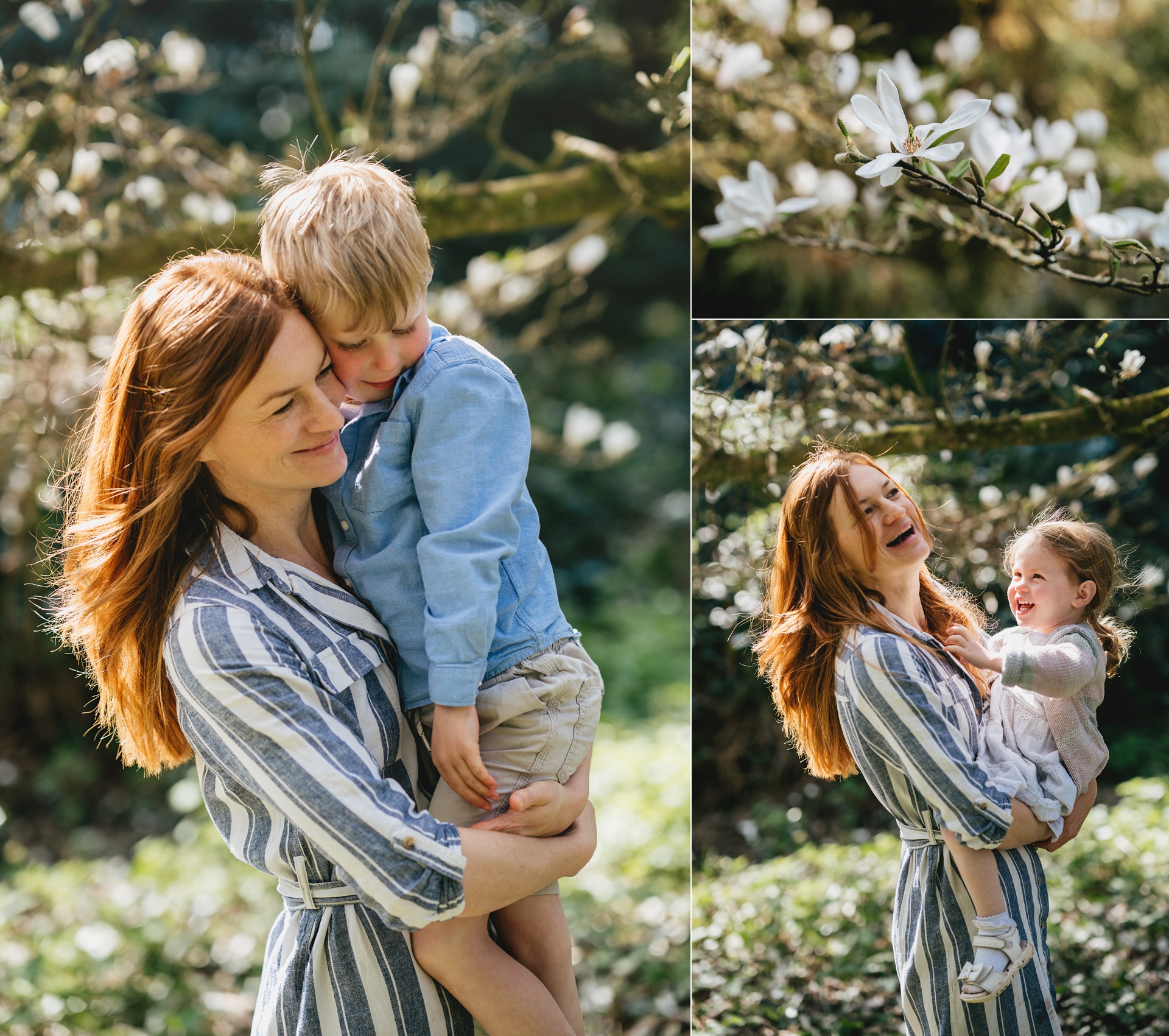 Family photography session near Exeter with a mother holding children under a magnolia in full bloom at an arboretum 