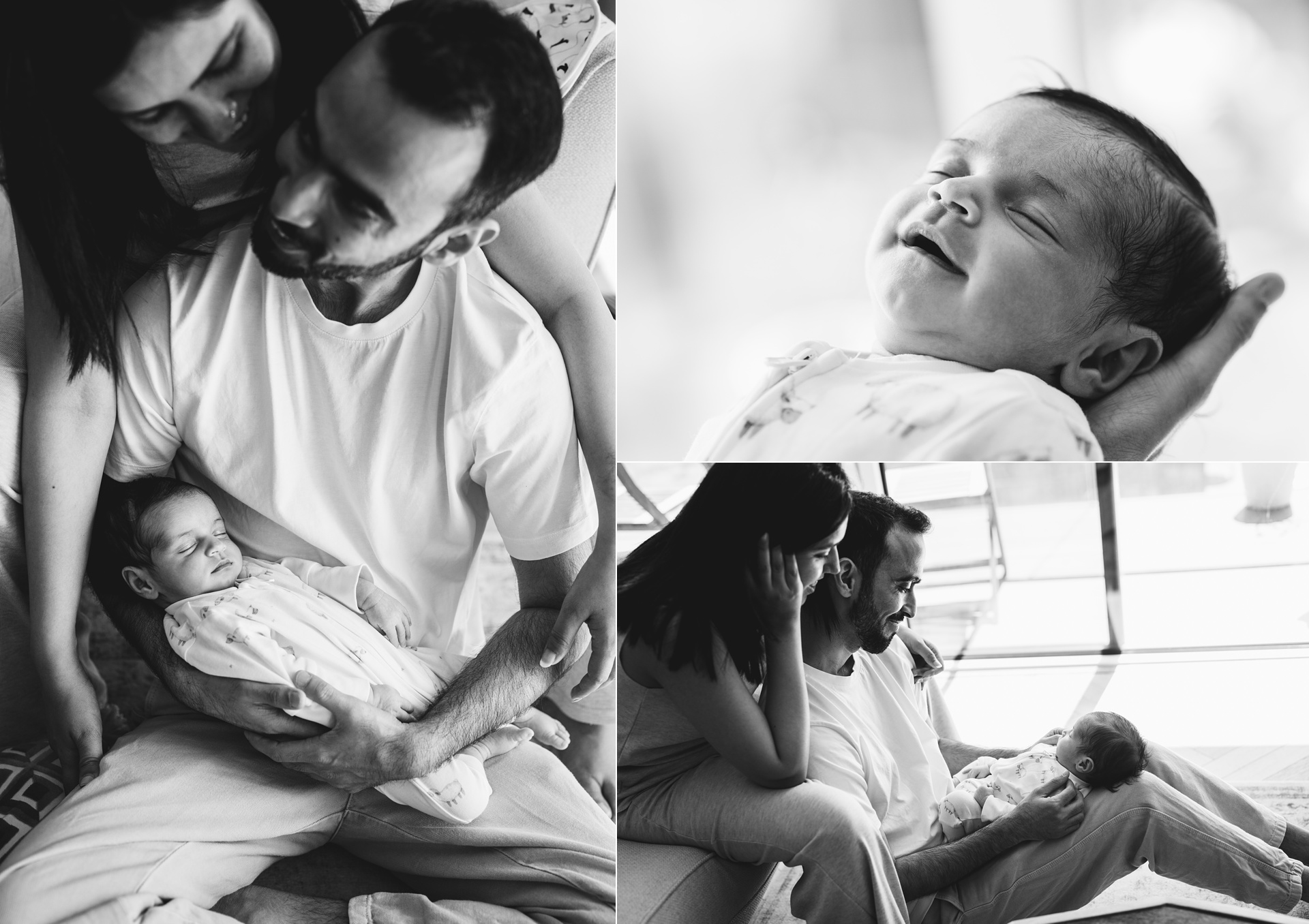 A newborn baby photography session at home in London, with parents cuddling together and holding their baby