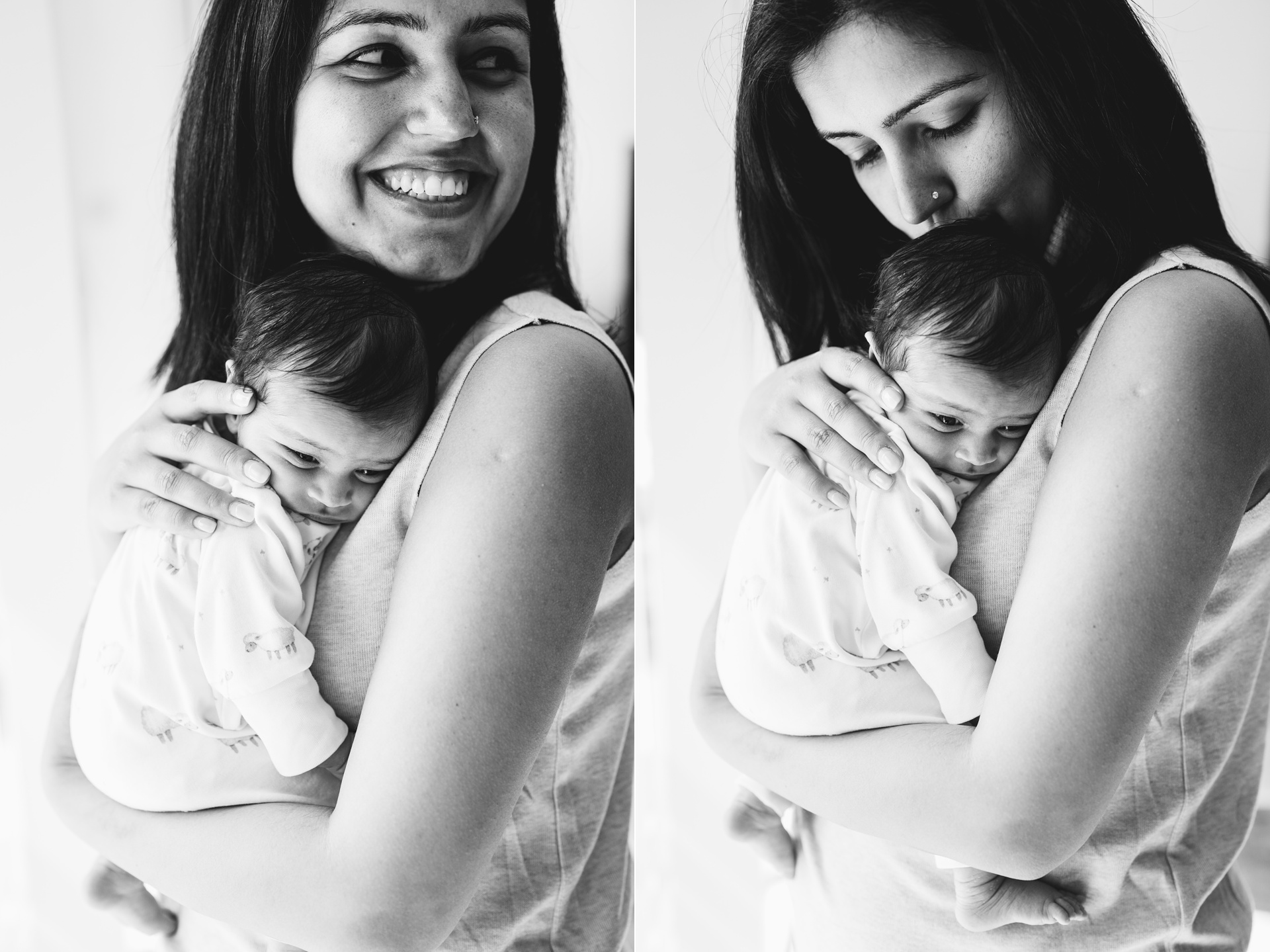 Newborn photography session images of a mother with her baby