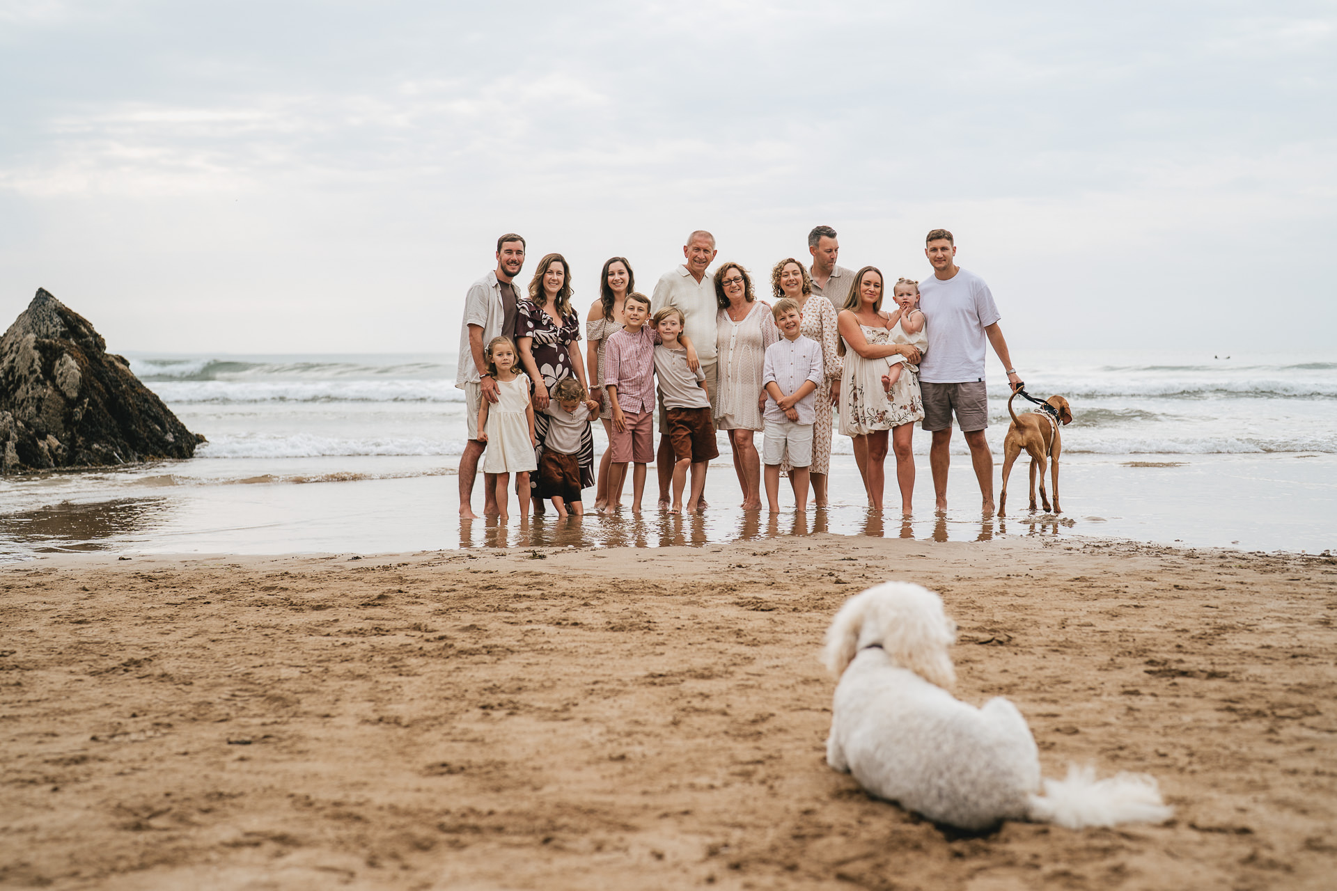 A large family group photo with a dog refusing to join the group at the beach in Devon