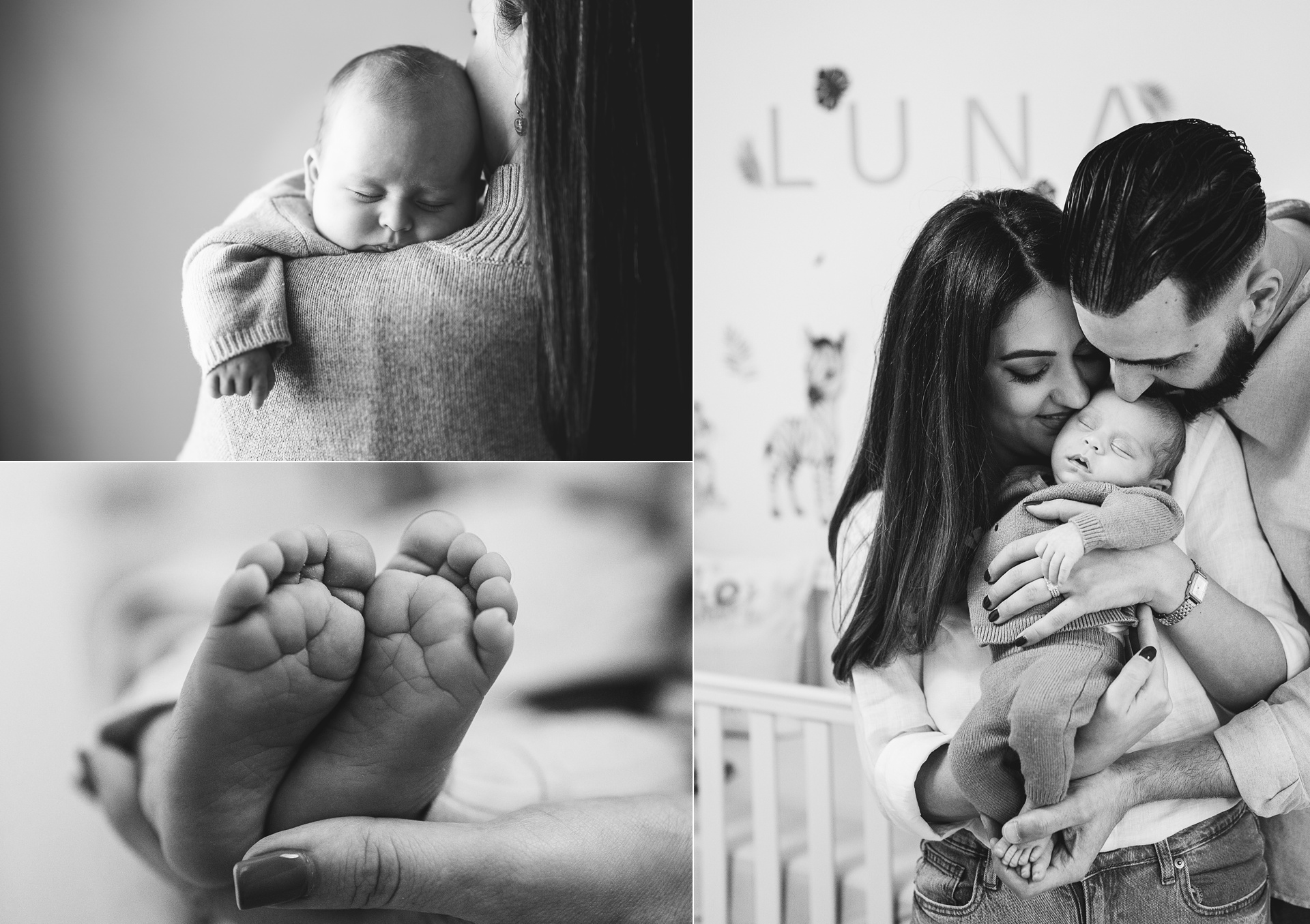 A selection of images from different newborn photo sessions, with close ups of feet, and cuddling babies