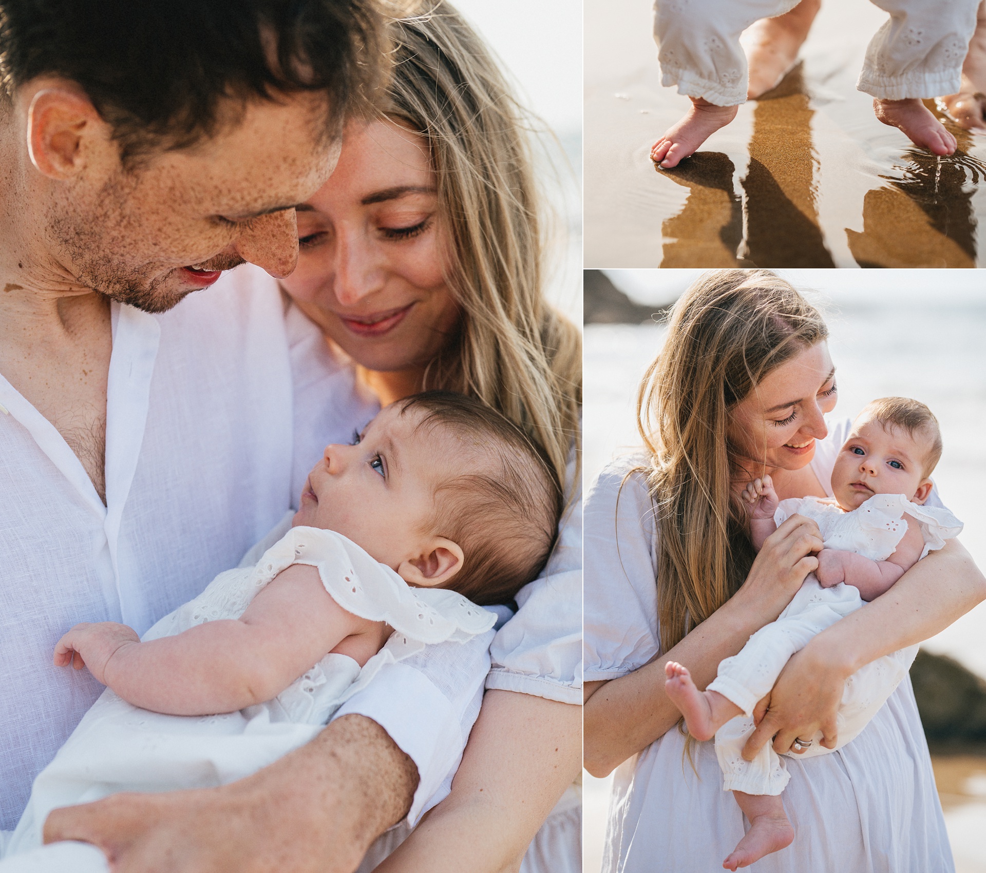 Selection of images of two parents with a young baby girl on the beach in North Devon during a sunset photography session. 