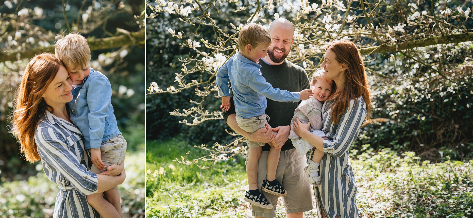 A family group photo underneath a magnolia at a photography session near Exeter in Devon