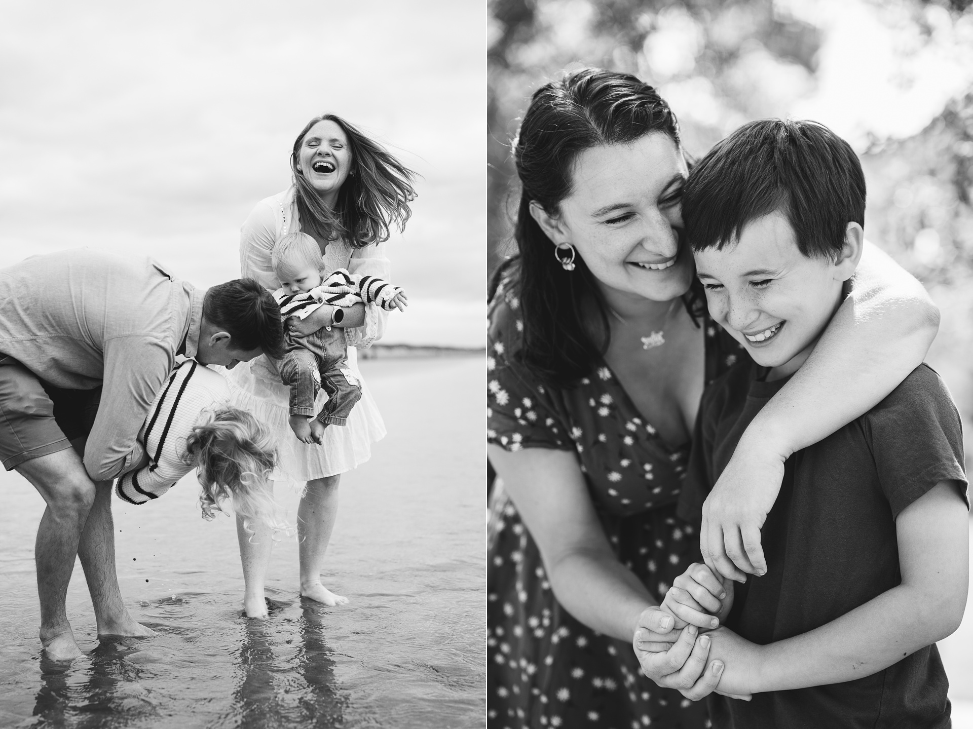 Parents laughing, cuddling and playing with children during photography sessions