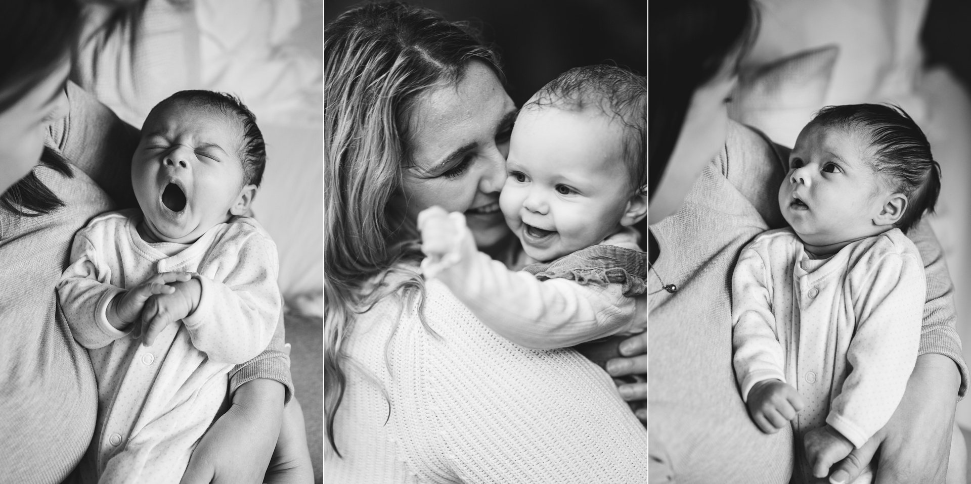 Three different black & white images of mothers cuddling babies