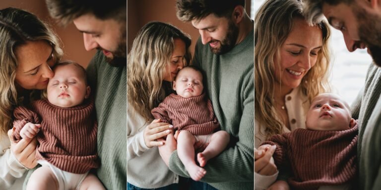 Parents cuddling a baby during a family photography session at their home in Exeter, Devon