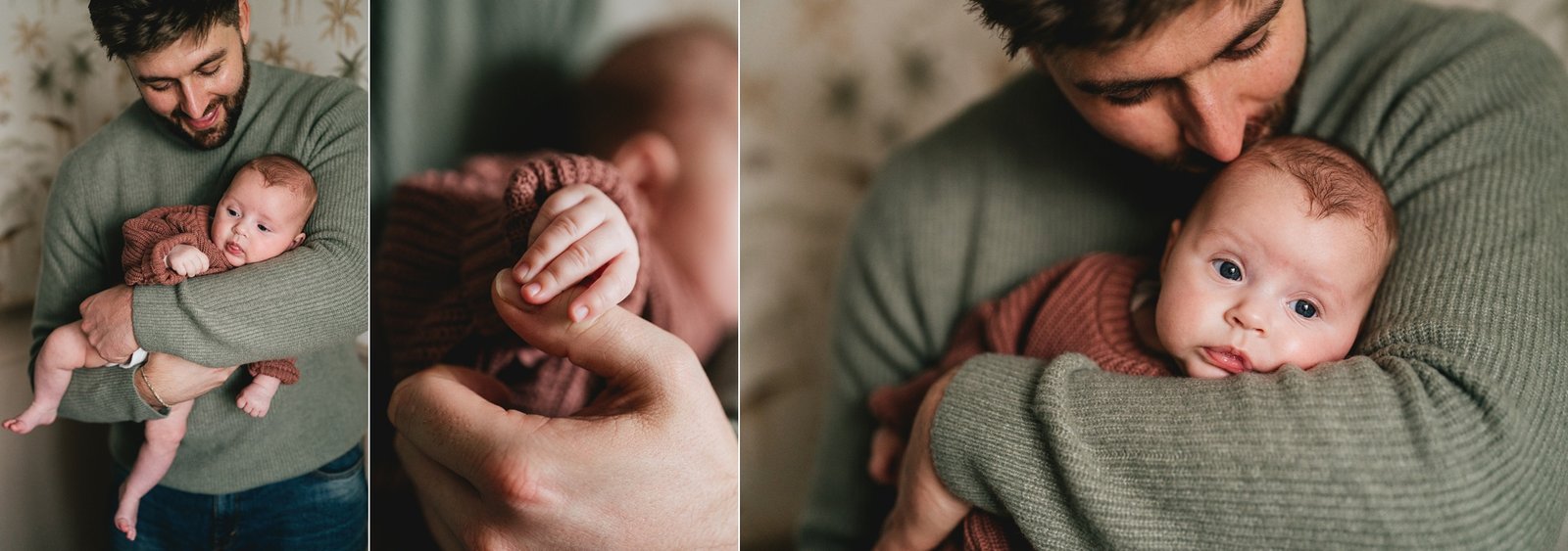 A father cuddling a baby girl during a photography session at home in Devon